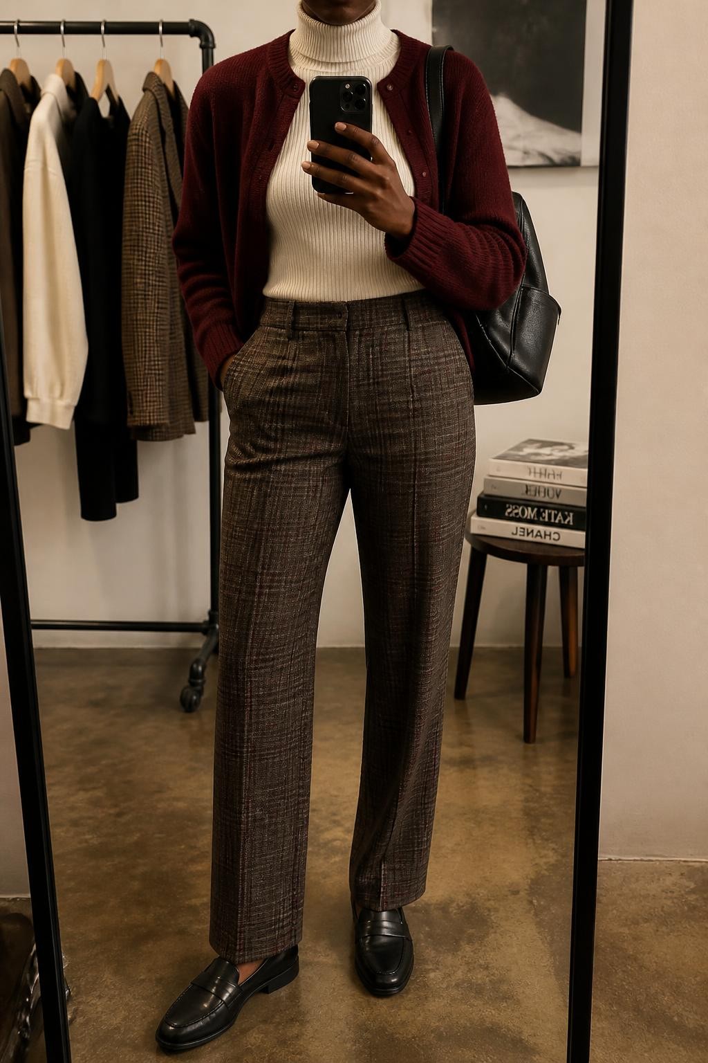 mirror selfie of a Black woman wearing a cream fitted fine-knit turtleneck tucked into brown and burgundy plaid straight-leg trousers, a burgundy cropped knit cardigan worn open, black leather loafers, and a black structured backpack, clearly showing the exact clothing items, colors, plaid pattern, fabrics, shoes, and backpack listed in the Outfit Pieces section, holding a phone in front of a mirror, cropped at NECK so the face does not show, relaxed professional selfie pose in a fashion studio mirror corner, warm moody lighting, with a clothing rack holding a few garments behind her and a stack of fashion magazines on a side table, realistic fine knit, plaid trouser fabric, knit, and leather textures, latest iPhone photo quality