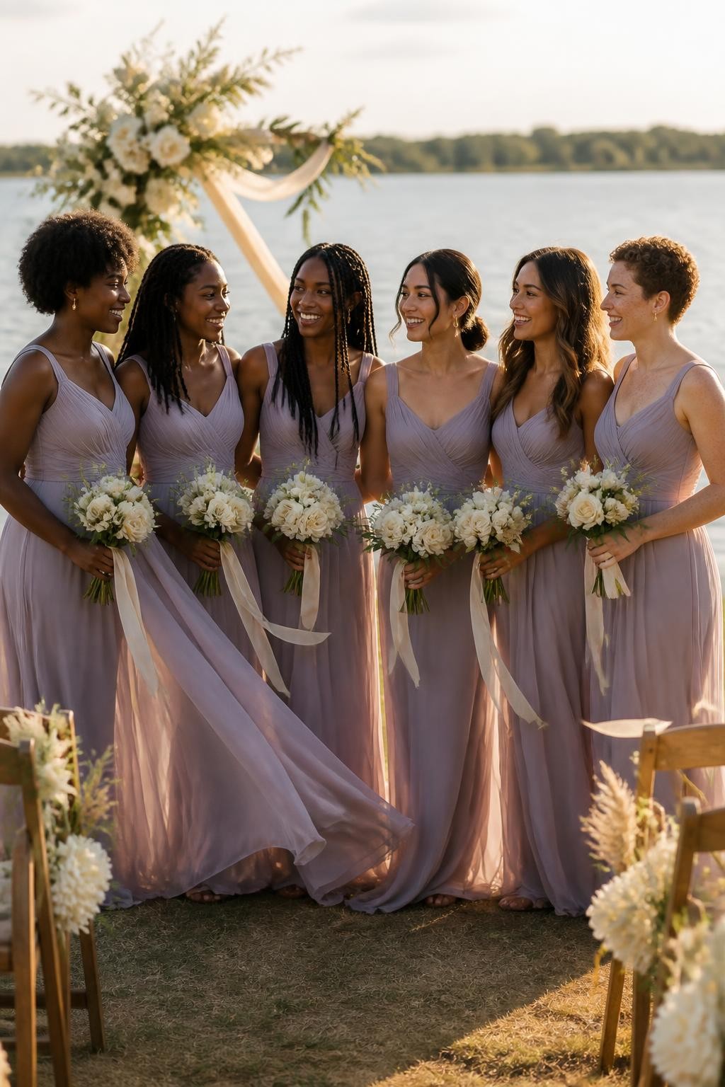 Realistic lakeside wedding photograph of six bridesmaids wearing hazy lavender chiffon gowns with softly gathered scoop necklines, fine diagonal pleats across the bodices, elongated dropped waists, and light skirts beginning around the upper hip, women with deep ebony, rich warm brown, medium brown, golden tan, South Asian olive, and fair freckled skin tones, varied torso lengths, heights, and body shapes represented naturally, bright expressive faces with realistic skin texture, hairstyles including natural curls, shoulder-length locs, long braids, smooth low bun, layered waves, and short coils, standing beside a lakeside ceremony with cream flowers, pale ribbons, wooden chairs, tall grasses, and calm water, gentle wind moving the skirts naturally, soft golden-hour light passing through the chiffon, visible pleat texture, and believable fabric transparency.