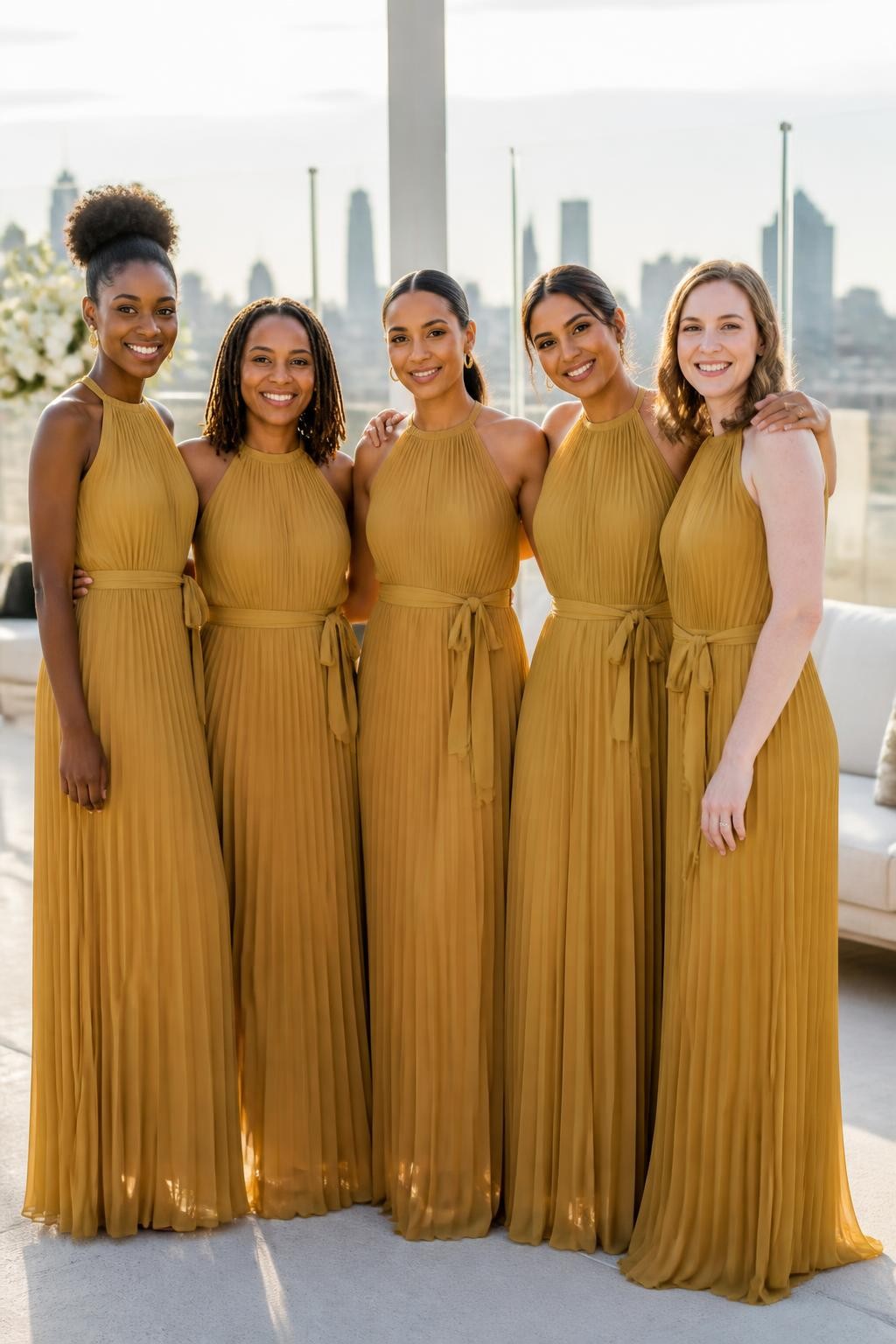 Realistic modern wedding photograph of five bridesmaids wearing muted mustard chiffon halter gowns with narrow gathered necklines, fine vertical pleats through the bodices and skirts, and softly tied waistbands, women with deep neutral brown, warm copper, medium brown, golden olive, and fair skin tones, different shoulder widths, ages, and body types, bright expressive faces with natural makeup and realistic under-eye texture, hairstyles including a high curly puff, shoulder-length locs, sleek ponytail, low bun, and loose waves, standing on a contemporary rooftop terrace with pale concrete, cream furniture, glass railings, white flowers, and a softly blurred city skyline, late-afternoon sunlight passing naturally through the pleats, crisp editorial DSLR detail.