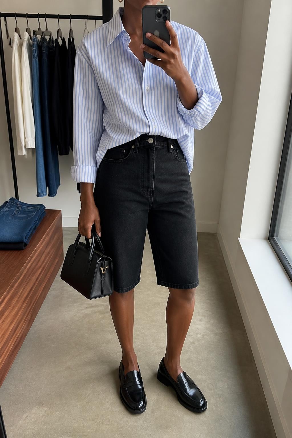 mirror selfie of a Black woman wearing long straight-cut black denim jorts ending near the knee, a white and pale blue striped cotton button-up shirt loosely front tucked with sleeves rolled once, polished black leather loafers, a structured black short-handle handbag and small gold stud earrings, wearing the exact listed outfit without added garments, holding a phone in front of a mirror, cropped at NECK so the face does not show, relaxed selfie pose, in a minimal dressing room, natural window light, clothing rack with garments behind and folded denim jeans on a bench, realistic latest iPhone photo quality.