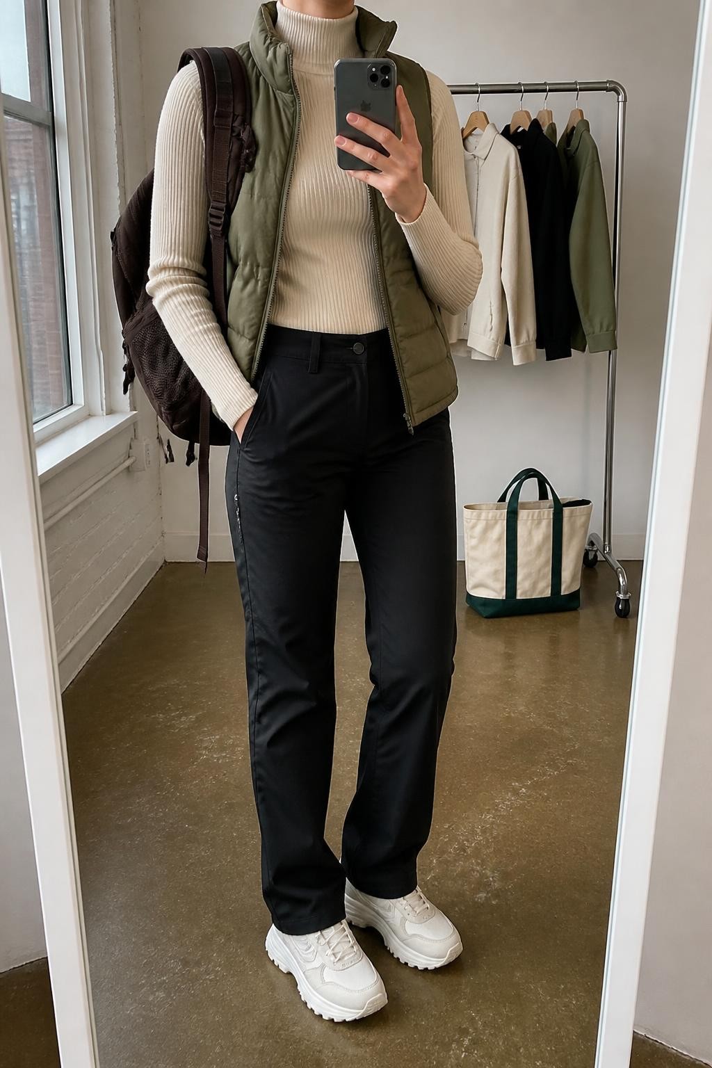 mirror selfie of a woman wearing an open olive quilted puffer vest over an oatmeal fitted ribbed turtleneck, black straight-leg hiking trousers, white trail sneakers with beige textured soles, and a chocolate nylon backpack, clearly showing the exact clothing items, colors, fabrics, sneakers, and backpack listed in the Outfit Pieces section, holding a phone in front of a mirror, cropped at NECK so the face does not show, relaxed outdoor-ready selfie pose in a fashion studio mirror corner, natural window light, with a clothing rack holding a few garments behind her and a tote bag resting on the floor, realistic quilting, ribbed knit, technical fabric, mesh, rubber, and nylon textures, latest iPhone photo quality
