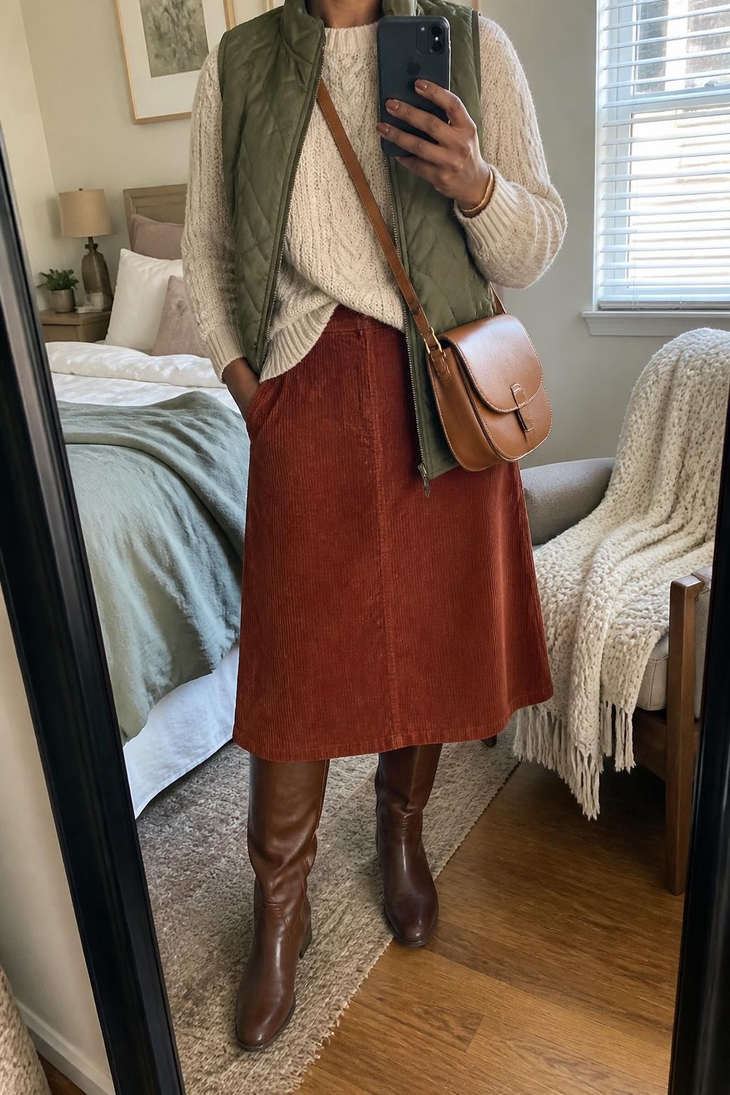 mirror selfie of a Black midsize woman wearing an open olive green quilted vest over an oatmeal cable-knit sweater with a small front tuck, a rust A-line corduroy midi skirt, brown leather knee-high boots, and a tan leather saddle bag worn across her body, clearly showing the exact clothing items, colors, fabrics, boots, and bag listed in the Outfit Pieces section, holding a phone in front of a mirror, cropped at NECK so the face does not show, relaxed casual selfie pose in a cozy bedroom mirror setup, natural window light, with soft pillows on an unmade bed and a folded blanket on a chair, realistic quilting, cable knit, and corduroy textures, casual lived-in atmosphere, latest iPhone photo quality