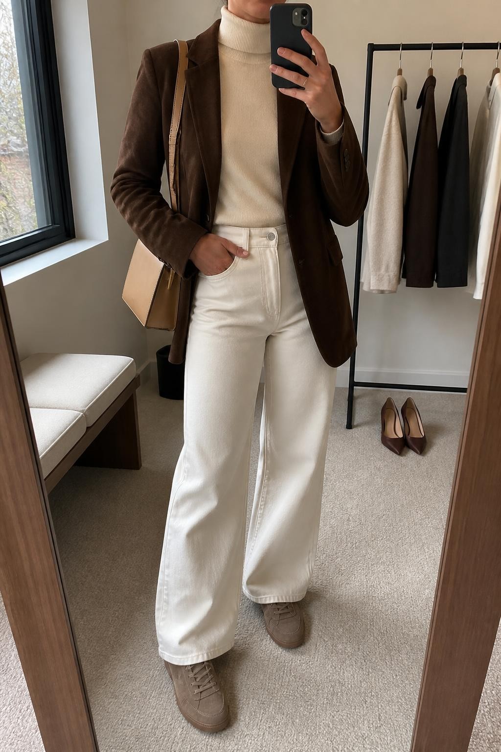 mirror selfie of a woman wearing an open chocolate brown fitted suede blazer over a cream fine-knit turtleneck tucked into ecru high-rise wide-leg jeans, taupe suede sneakers, and a tan structured shoulder bag, clearly showing the exact clothing items, colors, fabrics, sneakers, and bag listed in the Outfit Pieces section, holding a phone in front of a mirror, cropped at NECK so the face does not show, relaxed polished selfie pose in a minimal dressing room, natural window light, with a clothing rack holding a few garments behind her and a pair of heels on the floor nearby, realistic suede, fine knit, denim, and leather textures, latest iPhone photo quality