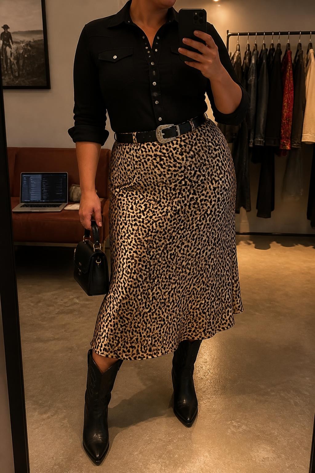 Mirror selfie of a plus size woman wearing a leopard print satin midi skirt with a soft bias-cut shape, a fitted black Western shirt with silver snap buttons and long sleeves rolled to the elbows, black leather pointed cowboy boots, a black leather belt with an oval silver buckle, and a small black top-handle bag, clearly showing the exact clothing items, leopard print, black shirt, snap buttons, footwear, belt, and accessories listed, holding a phone in front of a mirror, cropped at the neck so the face does not appear, relaxed confident selfie pose, in a fashion studio mirror corner with warm moody lighting, a clothing rack with garments behind her and a laptop on a bench, realistic sophisticated country concert appearance, latest iPhone photo quality.