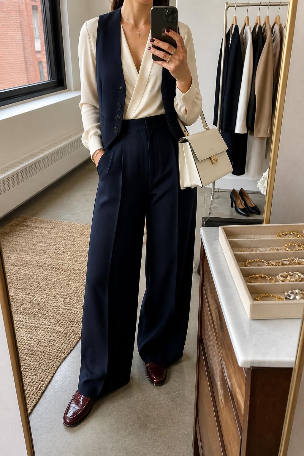 Mirror selfie of a woman wearing high-waisted navy wide-leg trousers, a cream long-sleeve wrap blouse, a tailored navy waistcoat, burgundy leather loafers, and a structured cream handbag, clearly showing the exact clothing items, colors, fabrics, and accessories listed, holding a phone in front of a fashion studio mirror corner, cropped at the neck so the face does not show, relaxed confident selfie pose, natural window light, a jewelry tray on the vanity and a pair of heels on the floor nearby, polished natural setting, latest iPhone photo quality.