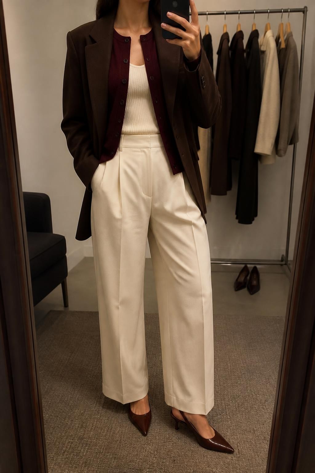 mirror selfie of a woman wearing an open chocolate brown relaxed-fit blazer over a burgundy fine-knit crewneck cardigan buttoned halfway above an ivory fitted scoop-neck knit top, cream high-waisted wide-leg trousers, and dark brown pointed-toe slingback heels, clearly showing the exact clothing items, colors, fabrics, and shoes listed in the Outfit Pieces section, holding a phone in front of a mirror, cropped at NECK so the face does not show, relaxed professional selfie pose in a minimal dressing room, warm moody lighting, with a clothing rack holding a few garments behind her and a pair of heels on the floor nearby, realistic tailoring, fine knit, trouser, and leather textures, latest iPhone photo quality
