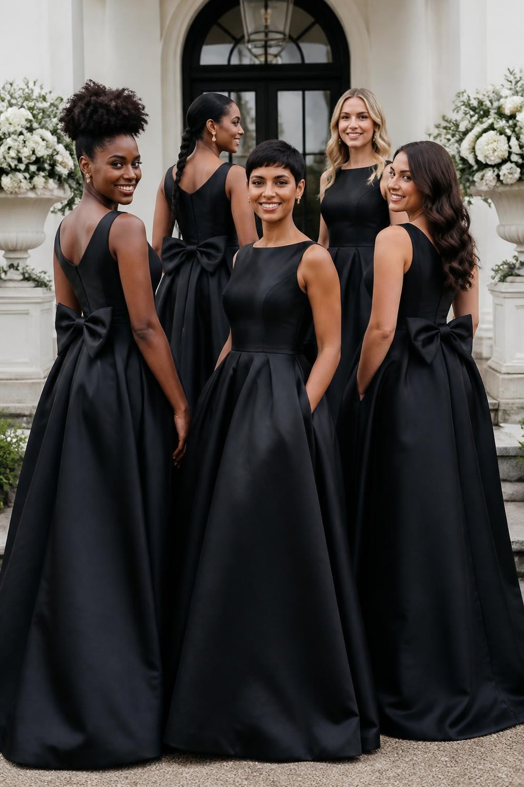 Realistic wedding party photograph showing bridesmaids in black Mikado gowns with simple bateau necklines, fitted bodices, full A-line skirts, and structured oversized bows placed across the lower back, photographed from a mixture of front, side, and over-the-shoulder angles so the bows are clearly visible, women with dark, medium, olive, golden, and fair complexions, bright smiling faces and varied body shapes, hairstyles including sculpted natural hair, a braided ponytail, a short pixie cut, and soft waves, standing at the entrance of an ivory manor with black-framed doors and white floral urns, clean daylight, realistic fabric stiffness, gentle wrinkles at the waist, polished editorial wedding photography.