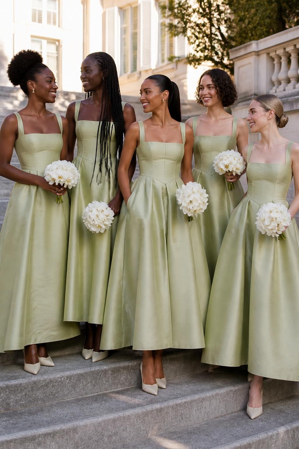 Realistic fashion-forward wedding portrait of five bridesmaids wearing pale pistachio-sage silk-faille gowns with softly corseted bodices, wide square necklines, curved basque waists, and full ankle-length ballerina skirts with discreet side pockets, women with very deep brown, cool dark brown, cinnamon, golden tan, and pale neutral skin tones, different torso lengths, bust sizes, heights, and body proportions represented naturally, bright joyful faces with individual features, realistic skin texture and small flyaway hairs, hairstyles including a sculpted natural updo, waist-length braids, glossy ponytail, short curly bob, and smooth chignon, photographed on broad pale-stone steps outside a historic manor, holding compact ivory orchid bouquets, crisp morning light revealing precise corset seams, subtle fabric grain, realistic stiffness, deep skirt folds, and elegant slingback shoes visible beneath the hems.