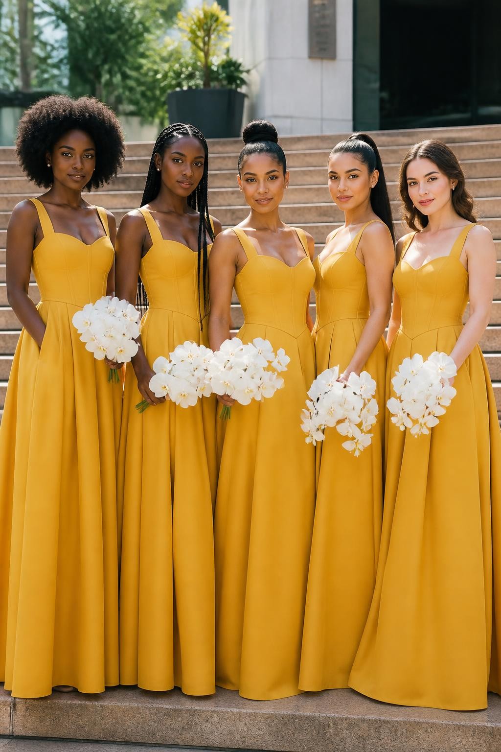 Realistic fashion-forward wedding portrait of five bridesmaids wearing saffron yellow matte crepe gowns with structured corset bodices, gentle internal boning, square necklines, curved basque waists, and full floor-length skirts with discreet pockets, women with deep ebony, cool dark brown, cinnamon, golden olive, and fair rosy skin tones, different bust sizes, heights, and body shapes shown naturally, bright beautiful faces with individual features, realistic makeup and small flyaway hairs, hairstyles including a voluminous afro, waist-length braids, sculptural bun, sleek ponytail, and soft curls, photographed on broad sandstone steps outside a modern city venue, holding white orchid bouquets, clear morning light revealing seams, natural fabric weight, and believable creasing around the waist, high-detail editorial DSLR image.