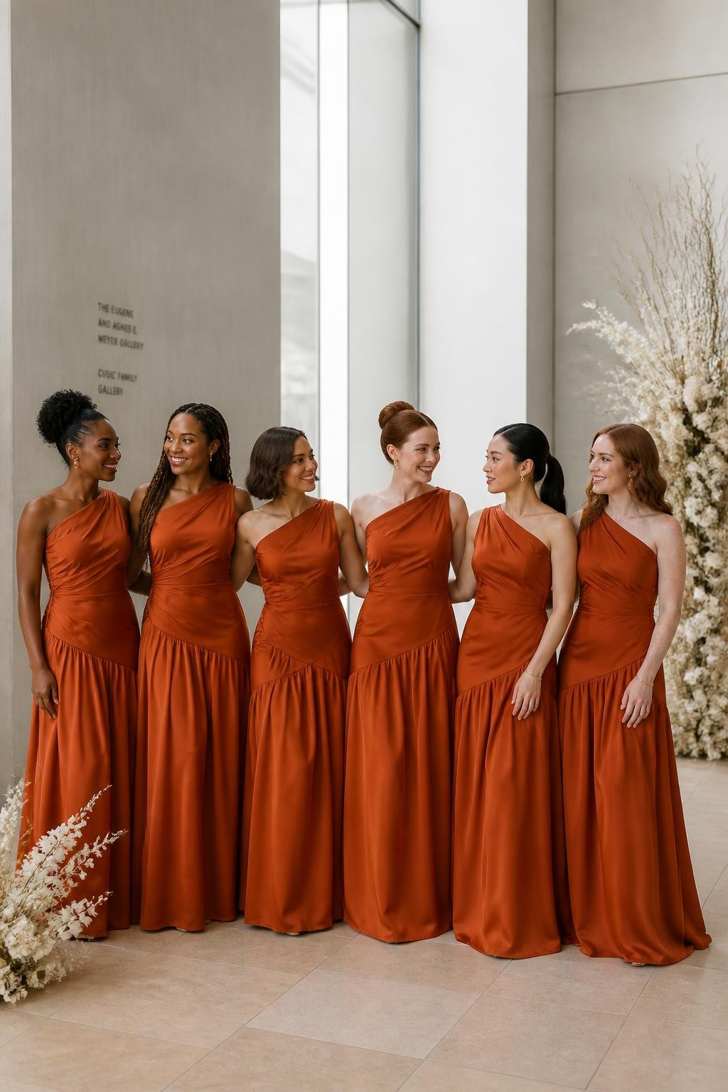 Realistic contemporary wedding photograph of six bridesmaids wearing matte paprika-orange satin gowns with asymmetrical necklines, diagonal draping across the torso, elongated dropped waists, and softly gathered skirts beginning around the upper hip, women with deep blue-black, dark warm brown, copper, golden olive, East Asian fair, and pale freckled complexions, different shoulder widths, torso lengths, ages, and body shapes shown realistically, bright confident faces with natural expressions and subtle makeup, hairstyles including a high curly puff, long twists, polished side-part bob, sculptural bun, sleek ponytail, and soft waves, standing inside a modern art museum with pale concrete walls, limestone floors, tall windows, and minimal cream floral installations, directional daylight revealing the fabric grain without harsh glare, natural creases and believable group spacing.
