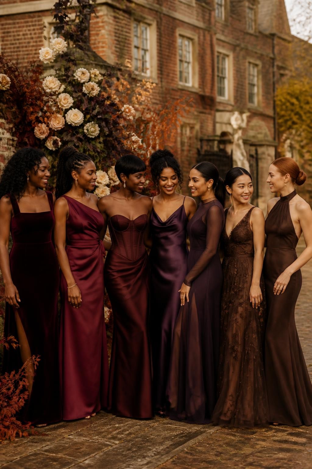 Realistic autumn estate wedding portrait of seven bridesmaids wearing mismatched gowns in cranberry, burgundy, merlot, plum, aubergine, chocolate brown, and espresso, fabrics including satin, chiffon, velvet, matte crepe, jacquard, and fine mesh, silhouettes including a square-neck velvet column, one-shoulder sash gown, corset basque-waist dress, draped cowl slip, long-sleeved sheer gown, floral appliqué A-line dress, and structured halter column, women with deep ebony, dark mahogany, warm brown, caramel, South Asian olive, East Asian light beige, and fair freckled skin tones, varied ages and body shapes, bright beautiful faces with individual autumn makeup, hairstyles including natural curls, locs, braids, polished buns, short cuts, waves, and sleek ponytails, standing outside a historic brick estate surrounded by cream roses, dark foliage, rust leaves, and warm sunset light, realistic fabric depth and natural posing.