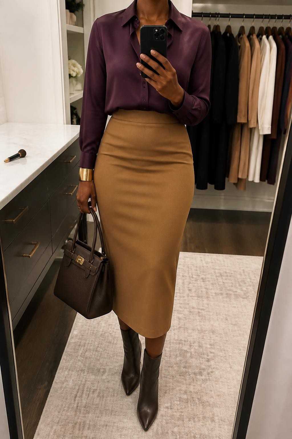 mirror selfie of a Black woman wearing a plum long-sleeve satin blouse tucked fully into a camel high-waisted pencil midi skirt with the blouse gently loosened above the waistband, chocolate leather heeled ankle boots, a chocolate structured handbag, and a brushed gold cuff bracelet, clearly showing the exact clothing items, colors, fabrics, boots, bag, and bracelet listed in the Outfit Pieces section, holding a phone in front of a mirror, cropped at NECK so the face does not show, relaxed polished selfie pose in a walk-in closet mirror, soft indoor lighting, with a makeup brush on the vanity and a clothing rack with garments behind her, realistic satin, skirt fabric, and leather textures, latest iPhone photo quality