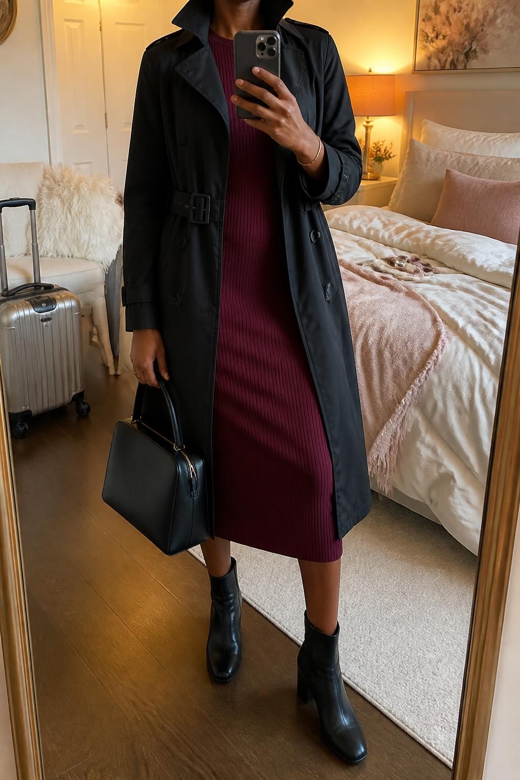 mirror selfie of a Black woman wearing an open black water-resistant belted trench coat over a burgundy ribbed long-sleeve midi dress, black leather block-heel ankle boots, a black structured top-handle bag with a zip closure, and a slim gold cuff bracelet, clearly showing the exact clothing items, colors, fabrics, boots, bag, and bracelet listed in the Outfit Pieces section, holding a phone in front of a mirror, cropped at NECK so the face does not show, relaxed elegant selfie pose in a feminine-themed bedroom, evening golden hour light, with soft pillows on an unmade bed and a small suitcase beside a chair, realistic water-resistant cotton, ribbed knit, leather, and metal textures, latest iPhone photo quality