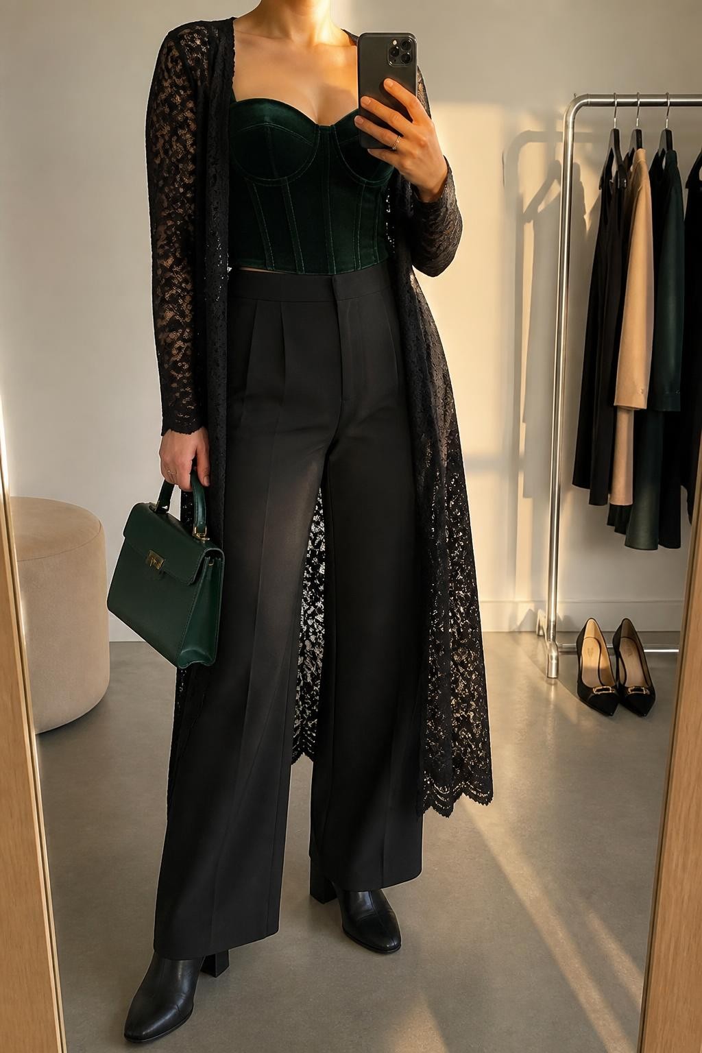 mirror selfie of a woman wearing a forest green velvet corset-style top, a fully open black longline lace cardigan, black high-waisted wide-leg trousers lightly skimming black block-heel ankle boots, and a dark green structured handbag, clearly showing the exact clothing items, colors, fabrics, boots, and bag listed in the Outfit Pieces section, holding a phone in front of a mirror, cropped at NECK so the face does not show, relaxed confident selfie pose in a minimal dressing room, evening golden hour light, with a clothing rack holding a few garments behind her and a pair of heels on the floor nearby, realistic velvet, lace, tailored fabric, and leather textures, latest iPhone photo quality