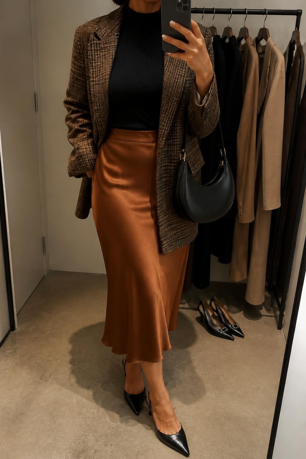 mirror selfie of a curvy woman wearing an open brown and camel plaid wool-blend blazer over a black fitted mock-neck knit top tucked fully into a copper satin midi slip skirt, black pointed-toe slingback heels, and a black crescent shoulder bag, clearly showing the exact clothing items, colors, pattern, fabrics, shoes, and bag listed in the Outfit Pieces section, holding a phone in front of a mirror, cropped at NECK so the face does not show, relaxed polished selfie pose in a minimal dressing room, warm moody lighting, with a clothing rack holding a few garments behind her and a pair of heels on the floor nearby, realistic wool, knit, satin, and leather textures, latest iPhone photo quality