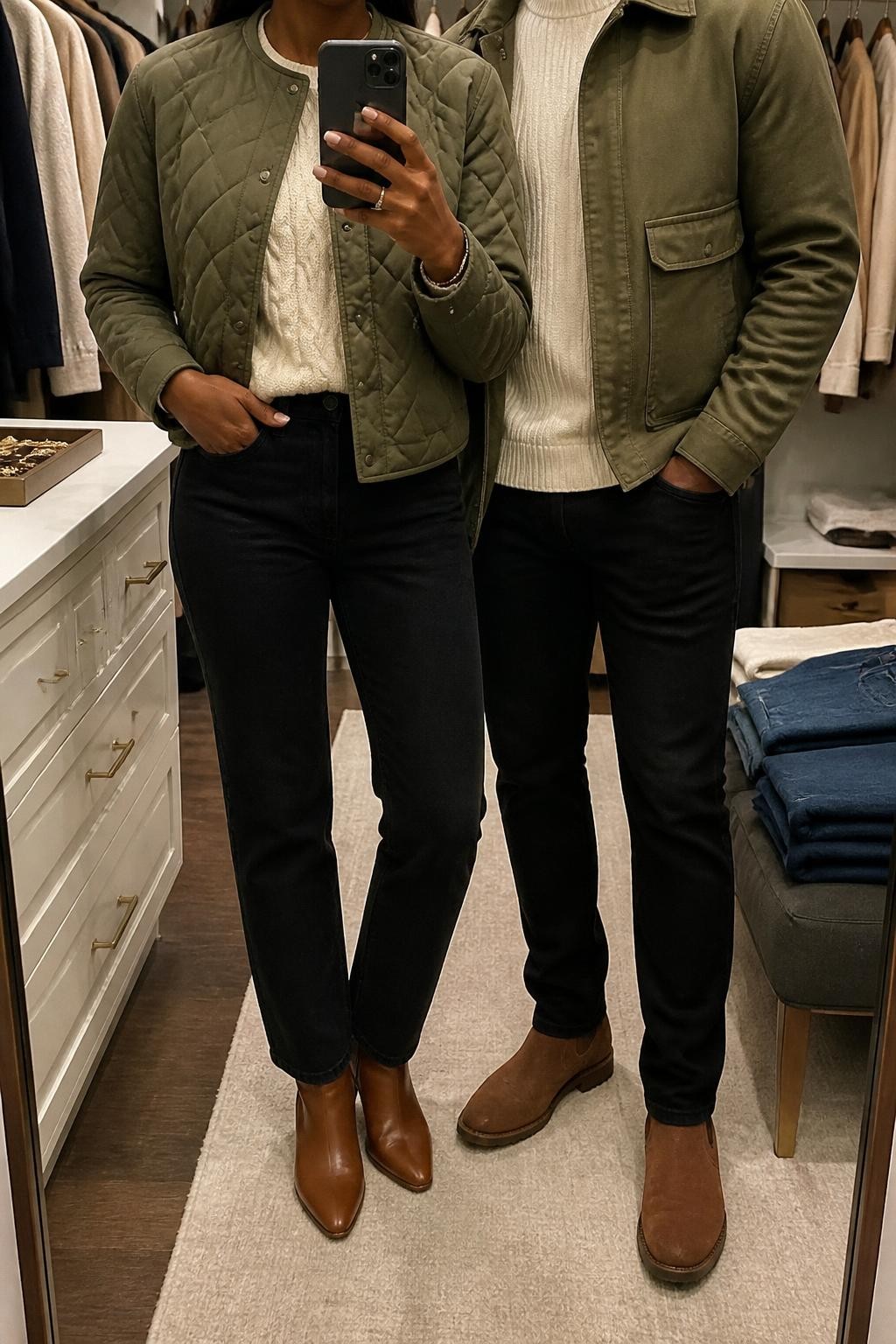 mirror selfie of a Black couple wearing coordinated fall outfits, the woman wearing an olive diamond-quilted cropped jacket over a cream cable-knit sweater, black straight-leg jeans, and chestnut ankle boots, the man wearing an olive cotton utility jacket over a cream ribbed crewneck sweater, black jeans, and brown suede boots, clearly showing the exact clothing items, colors, fabrics, and footwear listed in the Outfit Pieces section, the woman holding a phone while the man stands casually beside her, both cropped at NECK so their faces do not show, relaxed couple selfie pose in a walk-in closet mirror, soft indoor lighting, with folded denim jeans on a bench and a jewelry tray on the vanity, realistic quilting, cotton, cable knit, denim, and suede textures, natural body posture, latest iPhone photo quality
