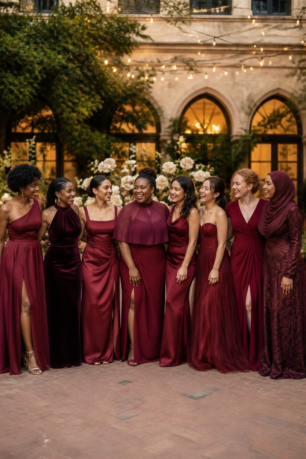 Realistic large bridal party photograph of eight bridesmaids wearing intentionally mismatched floor-length gowns in cranberry, wine, mulberry, claret, merlot, berry, Bordeaux, and oxblood, fabrics including satin, chiffon, velvet, crepe, organza, tulle, and subtle botanical jacquard, silhouettes including one-shoulder, halter, square neck, cape sleeve, cowl neck, corset bodice, wrap dress, and open-back designs, women with very deep, deep brown, reddish brown, golden, olive, tan, East Asian fair, and pale freckled skin tones, broad representation of ages, heights, and body shapes, bright beautiful faces and genuine laughter, hairstyles including natural coils, braids, locs, waves, sleek buns, and a softly styled hijab, standing in a lush estate courtyard with cream stone, dark greenery, ivory flowers, and warm string lights, each fabric responding differently to the evening light, realistic spacing, candid movement, and detailed DSLR wedding photography.