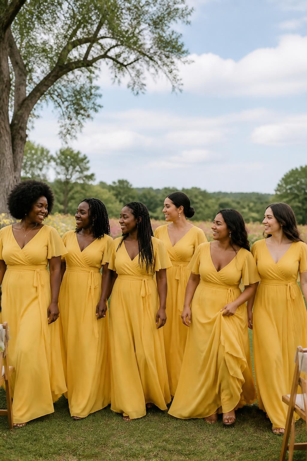 Realistic countryside wedding photograph of six bridesmaids wearing sunflower yellow chiffon wrap dresses with crossed V-necklines, adjustable waist ties, flutter sleeves, and flowing floor-length skirts, women with deep ebony, rich brown, medium brown, golden tan, olive, and fair skin tones, varied ages, bust sizes, heights, and body shapes represented naturally, bright friendly faces, realistic skin texture and light makeup, hairstyles including a rounded afro, shoulder-length locs, long braids, smooth low bun, layered curls, and loose waves, standing in an open meadow ceremony space with cream wildflowers, wooden chairs, old trees, and a pale blue afternoon sky, light wind moving the sleeves and skirts, authentic chiffon transparency and candid group interaction, human DSLR photo-realistic style.