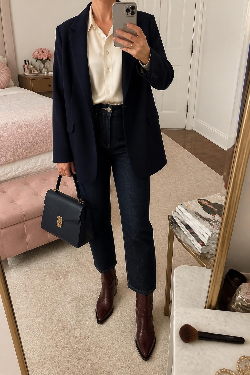 mirror selfie of a woman wearing an open navy relaxed-fit wool-blend blazer over a cream satin button-front blouse tucked fully into dark indigo cropped straight-leg jeans, burgundy leather cowboy boots with the shafts uncovered, and a navy structured top-handle bag, clearly showing the exact clothing items, colors, fabrics, boots, and bag listed in the Outfit Pieces section, holding a phone in front of a mirror, cropped at NECK so the face does not show, relaxed polished selfie pose in a feminine-themed bedroom, soft indoor lighting, with a makeup brush on a counter and a stack of fashion magazines on a side table, realistic wool, satin, denim, and leather textures, latest iPhone photo quality