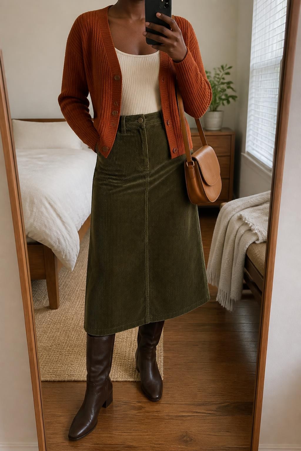 mirror selfie of a Black woman wearing a rust ribbed V-neck cardigan buttoned halfway over a cream fitted scoop-neck knit top tucked smoothly into an olive A-line corduroy midi skirt, chocolate leather knee-high boots, and a tan leather saddle bag, clearly showing the exact clothing items, colors, fabrics, boots, and bag listed in the Outfit Pieces section, holding a phone in front of a mirror, cropped at NECK so the face does not show, relaxed feminine selfie pose in a cozy bedroom mirror setup, natural window light, with a folded blanket on a chair and a small plant on a dresser, realistic ribbed knit, corduroy, and leather textures, latest iPhone photo quality