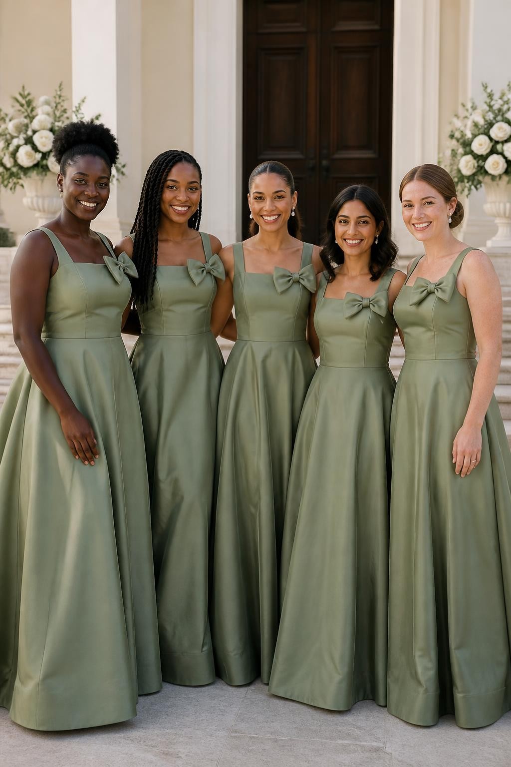 Realistic wedding-party portrait of five bridesmaids wearing sage green silk-faille gowns with clean square necklines, fitted long-line bodices, softly pointed waists, and structured flat bows placed across the upper bodice or slightly to one side of the neckline, sweeping A-line skirts with natural volume, women with deep ebony, warm reddish brown, caramel, South Asian olive, and fair freckled skin tones, varied heights and body shapes, bright smiling faces with distinct natural features, realistic makeup and skin texture, hairstyles including a polished afro updo, long twists, sleek ponytail, shoulder-length waves, and smooth chignon, standing at the entrance of an ivory manor with dark wooden doors, white floral urns, pale stone steps, and clear morning light, realistic faille texture, precise but believable bow construction, natural waist creases and skirt movement.