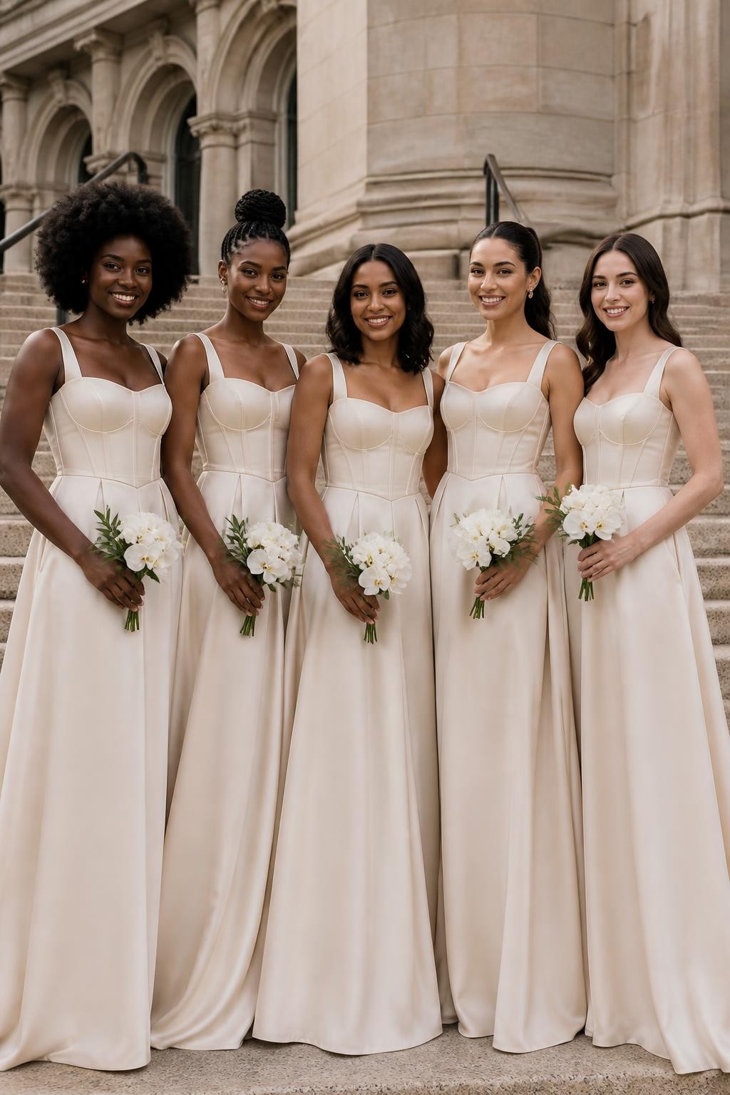 Realistic fashion-forward wedding portrait of five bridesmaids wearing pale champagne crepe gowns with structured corset bodices, subtle internal boning, square necklines, curved basque waists, and full floor-length skirts with discreet side pockets, women with deep ebony, dark neutral brown, honey brown, light olive, and porcelain skin tones, different bust sizes and body proportions shown realistically, bright beautiful faces with natural smiles, hairstyles including a voluminous afro, braided bun, glossy shoulder-length curls, sleek ponytail, and loose waves, photographed on broad sandstone steps outside a historic city venue, holding small white orchid and greenery bouquets, soft morning light, visible seams and believable creasing in the fabric, high-detail DSLR editorial image.