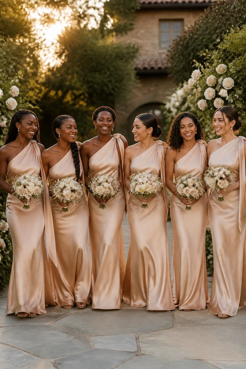 Realistic outdoor estate wedding photo of six bridesmaids wearing warm champagne one-shoulder gowns in lightweight satin, each with a softly gathered neckline and a long narrow sash falling from the shoulder, women with very deep brown, dark warm brown, golden brown, tan, olive, and fair skin tones, a mix of petite, tall, slim, curvy, and plus-size figures, bright expressive faces with natural facial differences, makeup suited to each skin tone, hairstyles including locs, a braided ponytail, short coils, sleek bun, and loose curls, standing along a tree-lined stone walkway at golden hour, cream floral arrangements and dark greenery framing the scene, breeze moving the sashes and skirts naturally, realistic highlights, shadows, and fabric folds, cinematic DSLR photography.