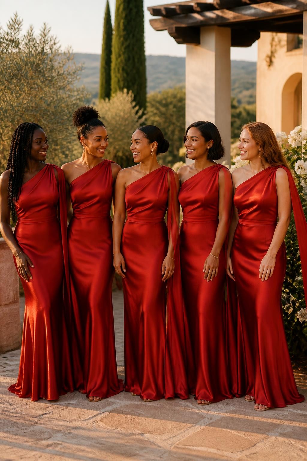 Realistic golden-hour wedding photograph of five bridesmaids wearing poppy red satin one-shoulder gowns with softly pleated necklines and long narrow fabric sashes falling from the shoulder, women with rich dark brown, reddish brown, medium brown, golden olive, and fair peach skin tones, naturally varied heights and body shapes, bright confident faces, realistic pores and fresh makeup, hairstyles including long twists, a high curly puff, sleek bun, polished bob, and loose waves, standing on a Mediterranean-style villa terrace with pale stone walls, white flowers, olive trees, and distant hills, gentle wind moving the shoulder sashes and skirts, warm sunlight creating believable highlights and small fabric ripples, cinematic wedding photography.