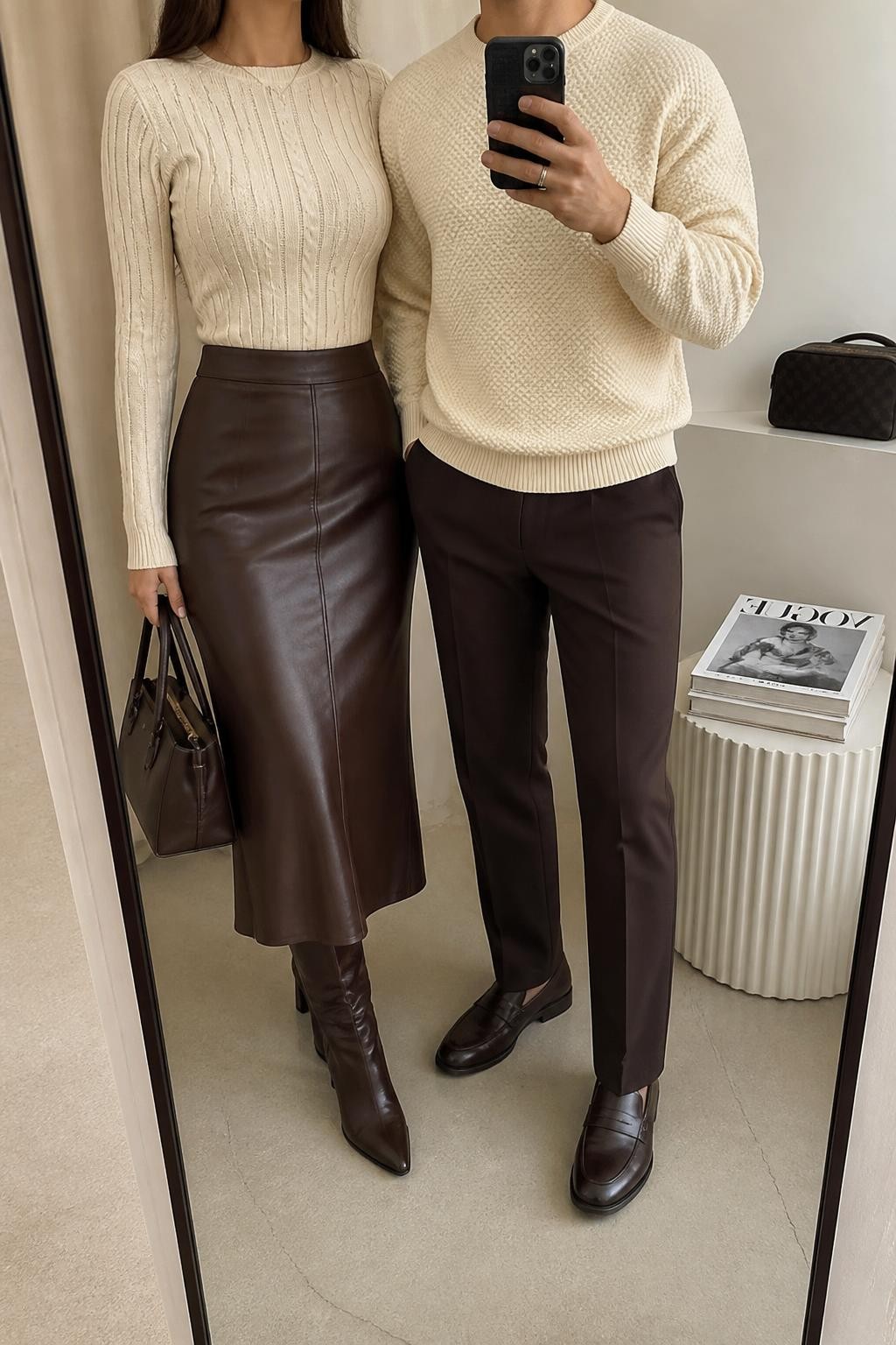 mirror selfie of a couple wearing coordinated cream and chocolate fall outfits, the woman wearing a cream fitted cable-knit sweater tucked into a chocolate faux-leather midi skirt with brown leather knee-high boots, the man wearing a cream textured knit crewneck sweater with chocolate straight-leg tailored trousers and dark brown leather loafers, clearly showing the exact clothing items, colors, fabrics, and footwear listed in the Outfit Pieces section, the man holding the phone while the woman stands beside him, both cropped at NECK so their faces do not show, relaxed polished couple pose in a fashion studio mirror corner, soft indoor lighting, with a stack of fashion magazines on a side table and a cosmetic bag on the counter, realistic cable knit, faux-leather, trouser, and leather textures, latest iPhone photo quality