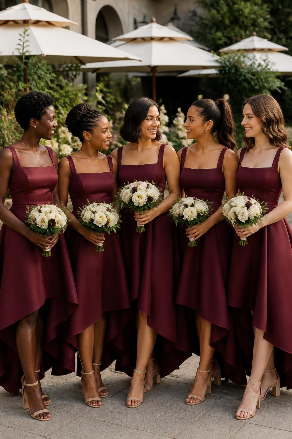 Realistic summer-to-autumn wedding photograph of five bridesmaids wearing burgundy high-low dresses with fitted square-neck bodices and sculpted skirts falling below the knee in front and near the ankle at the back, women with very deep brown, dark warm brown, golden tan, light olive, and fair peach skin tones, bright smiling faces with distinct features, realistic makeup and natural skin detail, hairstyles including short coils, braided updo, sleek bob, high ponytail, and soft curls, standing on a landscaped terrace with cream umbrellas, pale stone flooring, dark greenery, and white flowers, natural breeze lifting the hems, elegant block heels visible, believable shadows and crisp DSLR wedding photography.