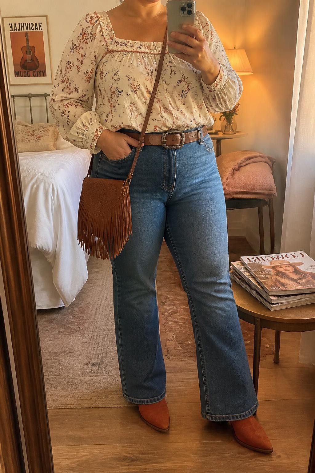 Mirror selfie of a plus size woman wearing a soft ivory prairie blouse with small rust and blue floral prints, a square neckline, and gently puffed long sleeves, high-waisted vintage blue bootcut jeans, rust suede cowboy boots, a brown leather Western belt, and a small rust fringe crossbody bag, clearly showing the exact clothing items, floral pattern, colors, fabrics, denim shape, footwear, and accessories listed, holding a phone in front of a mirror, cropped at the neck so her face does not show, relaxed casual selfie pose, in a feminine-themed bedroom with evening golden-hour lighting, a folded blanket on a chair and a stack of fashion magazines on a side table, realistic country concert appearance, latest iPhone photo quality.
