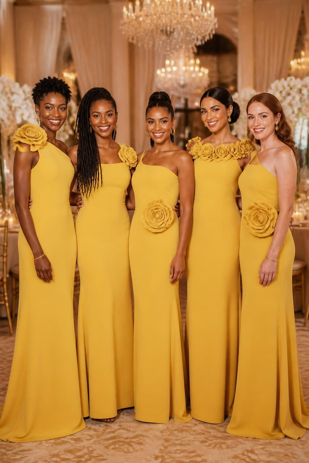 Realistic formal wedding portrait of five bridesmaids wearing honey yellow matte crepe column gowns with sculpted fabric rosettes placed along one shoulder, across the neckline, or at the waist, women with deep blue-black, dark warm brown, caramel, olive, and fair freckled skin tones, bright confident faces with individual facial structures, realistic evening makeup, hairstyles including short natural coils, long locs, braided ponytail, polished chignon, and soft waves, standing inside a grand hotel ballroom with cream drapery, crystal chandeliers, candlelit tables, and white orchid arrangements, directional lighting showing the handmade folds of the rosettes and smooth fabric weight, poised but natural full-frame DSLR fashion photography.