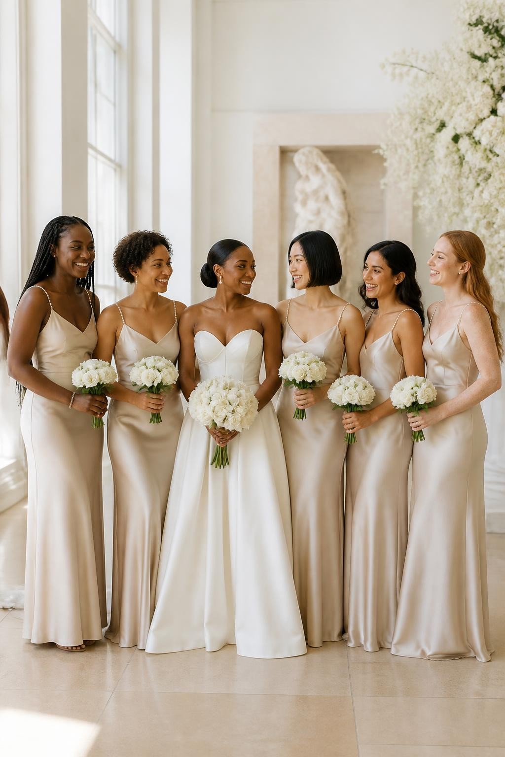 Realistic bright indoor wedding photograph of bridesmaids wearing champagne satin slip dresses with narrow pearl-beaded straps, softly shaped necklines, and ankle-skimming or floor-length hems, women with rich dark, warm brown, cinnamon, East Asian light beige, olive, and fair freckled skin, varied heights and body shapes, radiant individual faces, light natural makeup and realistic smiles, hairstyles including box braids, short natural curls, a polished bob, smooth low bun, and soft waves, standing inside a sunlit art museum with white walls, limestone floors, large windows, and minimal white floral installations, tiny pearls reflecting natural points of light, realistic satin draping over each figure, editorial wedding photography with clean composition.