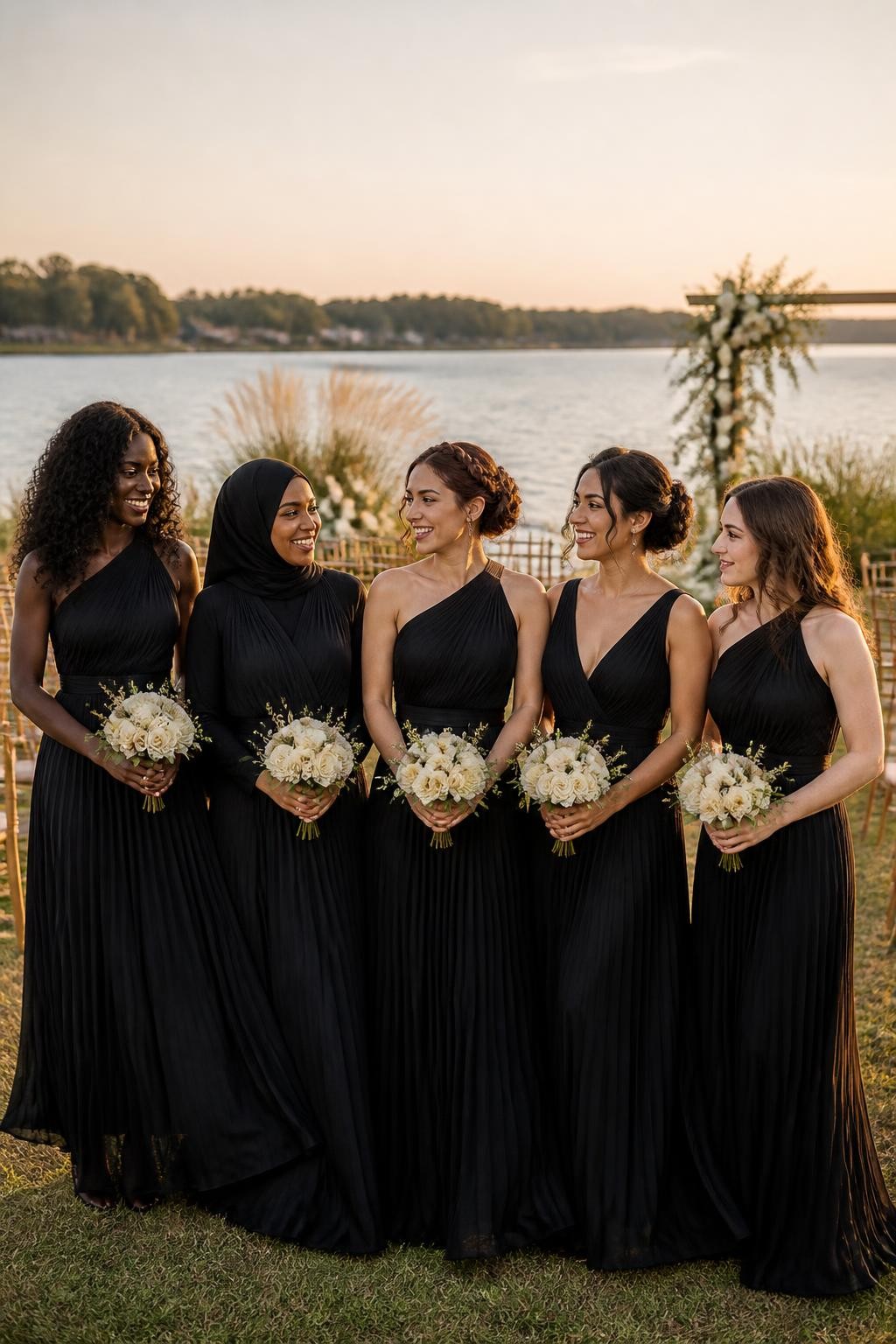 Realistic DSLR photo of five bridesmaids wearing black pleated chiffon gowns with asymmetrical necklines, soft diagonal bodice pleating, gathered waists, and airy skirts, each neckline slightly different while maintaining a coordinated look, women with dark ebony, reddish brown, warm beige, olive, and very fair skin tones, glowing bright faces, individual makeup suited to each complexion, natural curls, hijab styling, braided updo, and loose waves, photographed beside a lakeside ceremony at golden hour with wooden chairs, cream flowers, tall grasses, and calm water in the background, gentle wind creating believable movement through the pleats, realistic fabric transparency and soft shadows.