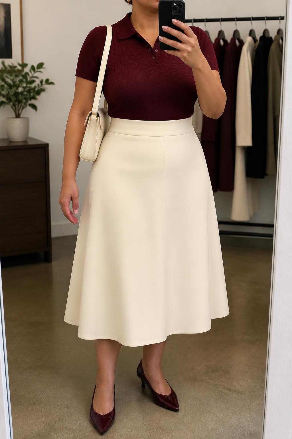 Mirror selfie of a plus size woman wearing a cream high-waisted A-line midi skirt in structured fabric, a fitted burgundy short-sleeve knit polo, burgundy pointed kitten heels, a structured cream shoulder bag, and delicate gold stud earrings, clearly showing the exact clothing items, cream skirt shape, burgundy knit, colors, footwear, and accessories listed, holding a phone in front of a mirror, cropped at the neck so her face does not show, relaxed sophisticated selfie stance, in a minimal dressing room with soft indoor lighting, a clothing rack with garments behind her and a small plant on a dresser, realistic lunch outfit, latest iPhone photo quality.