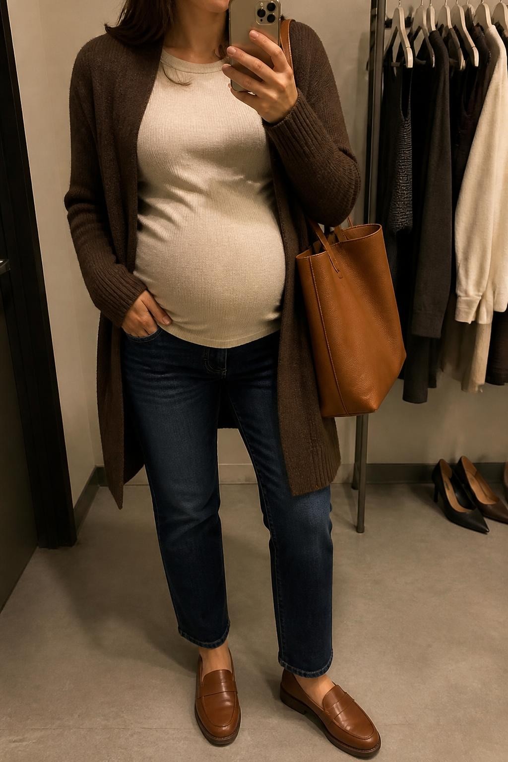 mirror selfie of a pregnant woman wearing an open chocolate brown longline knit cardigan over an oatmeal fitted ribbed maternity top shaped around her visible baby bump, dark-wash straight-leg maternity jeans, cognac cushioned leather loafers, and a tan leather tote bag, clearly showing the exact clothing items, colors, fabrics, shoes, and bag listed in the Outfit Pieces section, holding a phone in front of a mirror, cropped at NECK so the face does not show, relaxed casual maternity selfie pose in a minimal dressing room, warm moody lighting, with a clothing rack holding a few garments behind her and a pair of heels on the floor nearby, realistic knit, ribbed fabric, denim, and leather textures, latest iPhone photo quality