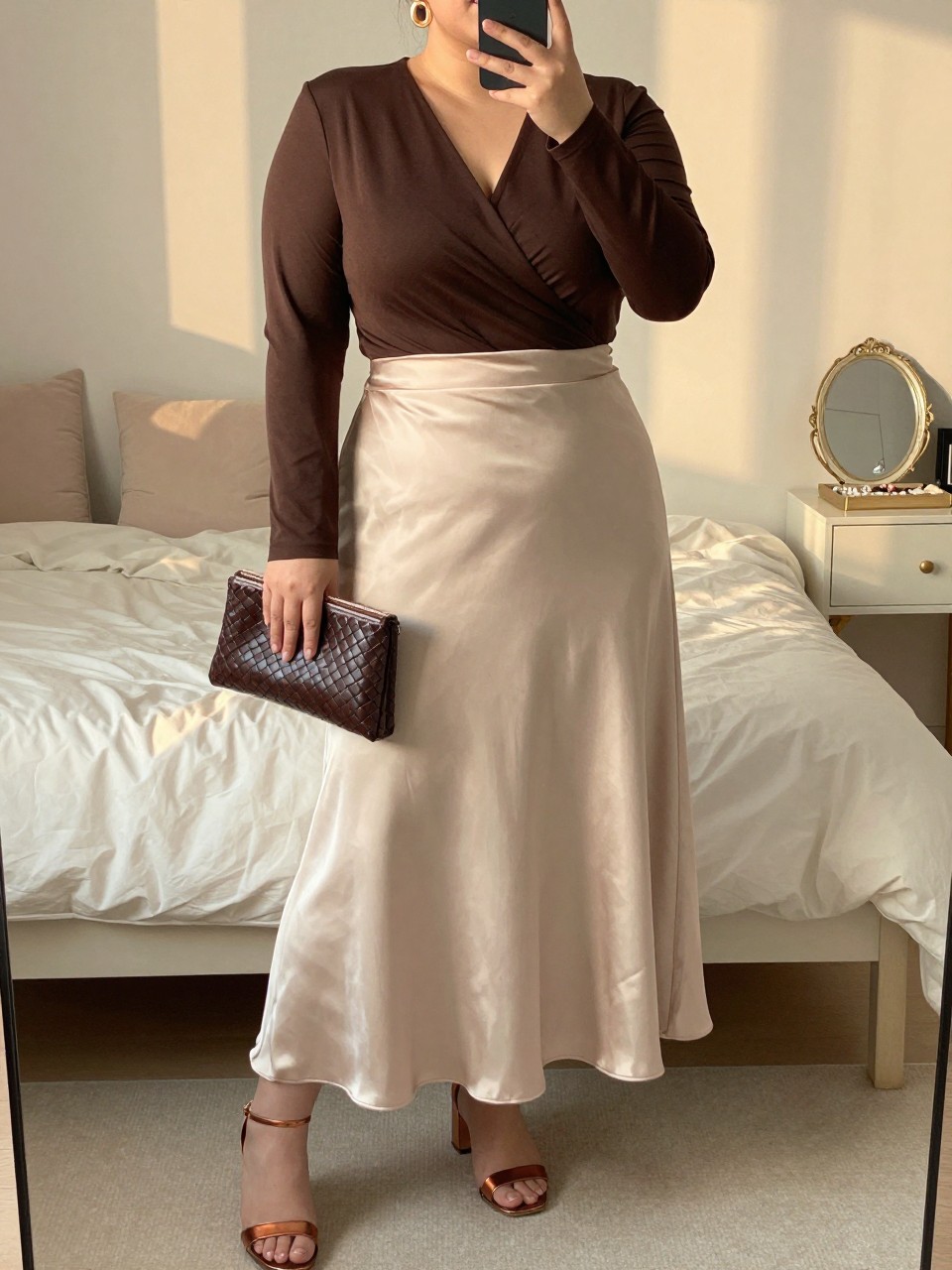 Mirror selfie of a plus size woman wearing a champagne high-waisted satin maxi skirt with a fluid A-line shape, a chocolate brown long-sleeve wrap top with a softly tied waist, metallic bronze block-heel sandals, a chocolate woven clutch, and hammered gold earrings, clearly showing the exact clothing items, champagne satin, chocolate fabric, colors, footwear, and accessories listed, holding a phone in front of a mirror, cropped at the neck so the face is hidden, relaxed graceful selfie pose, in a feminine-themed bedroom with evening golden-hour lighting, soft pillows on an unmade bed and a jewelry tray on the vanity, realistic wedding guest outfit, latest iPhone photo quality.