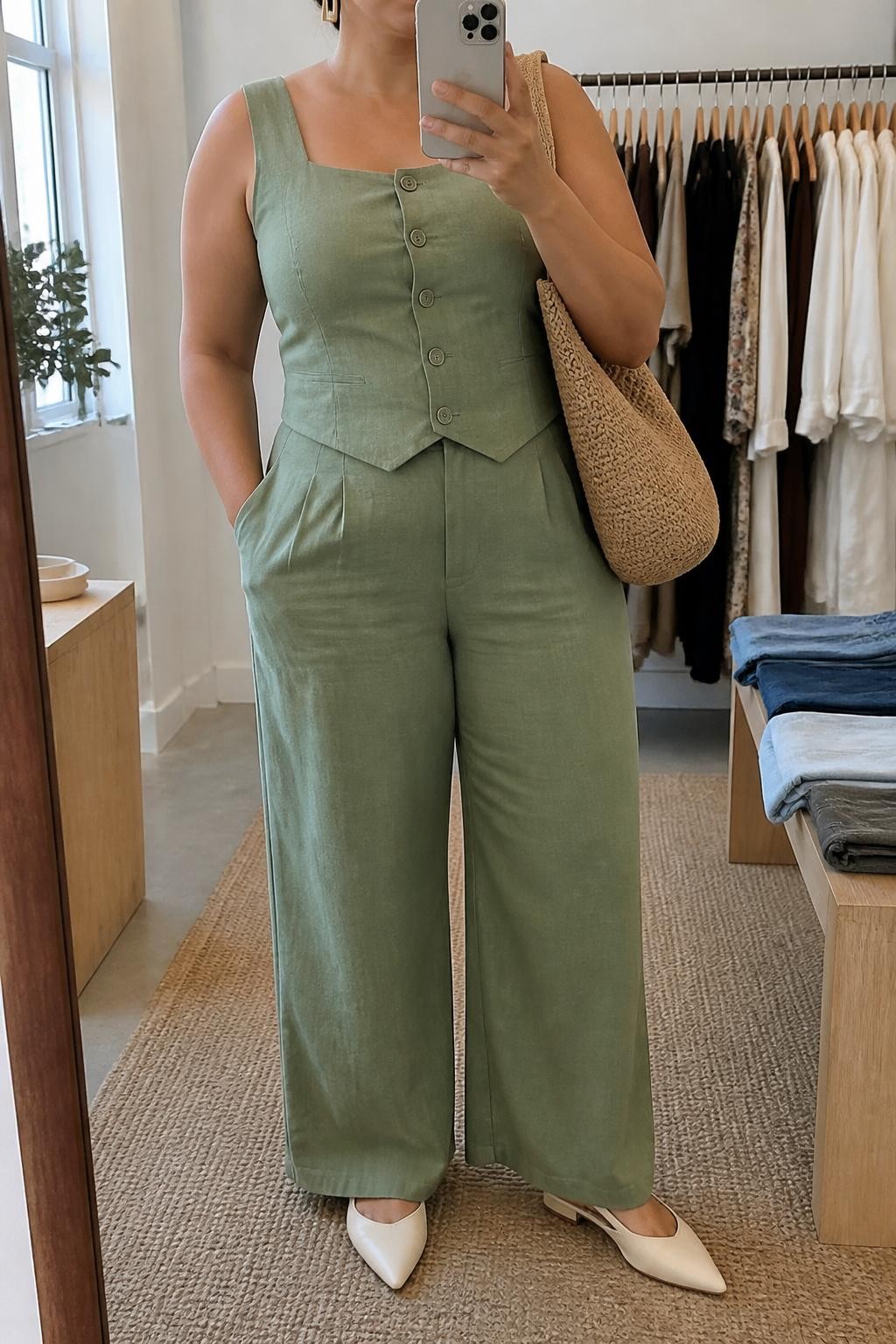 Mirror selfie of a plus size woman wearing a fitted sage green linen vest with front buttons and a square neckline, matching sage high-waisted wide-leg linen trousers, cream pointed slingback flats, a natural woven shoulder bag, and delicate gold rectangular earrings, clearly showing the exact coordinated set, sage linen, colors, footwear, and accessories listed, holding a phone in front of a mirror, cropped at the neck so her face does not show, relaxed polished selfie stance, in a minimal dressing room with natural window light, a clothing rack with garments behind her and folded denim jeans on a bench, realistic modern brunch styling, latest iPhone photo quality.
