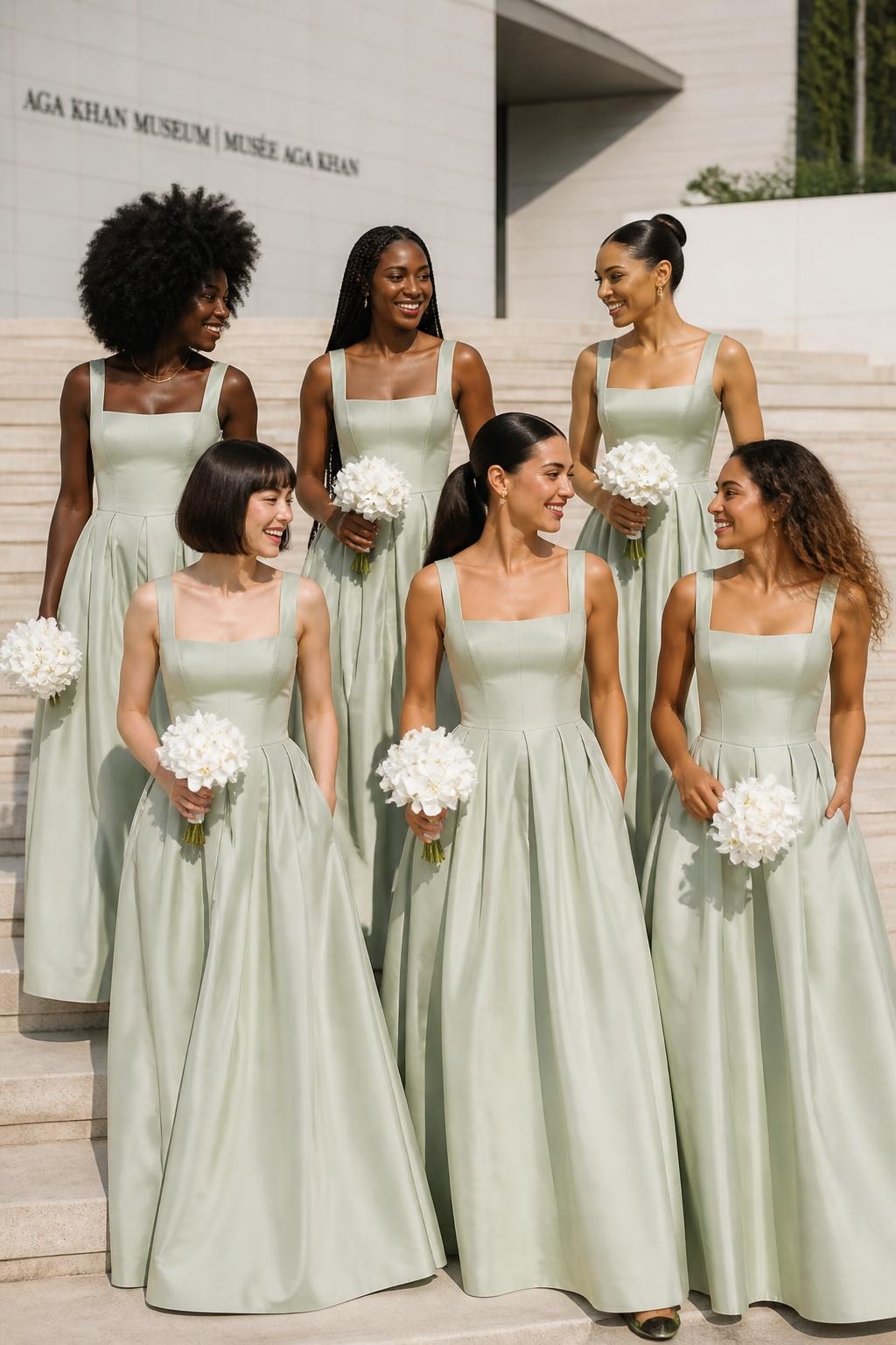 Realistic fashion-forward wedding photograph of six bridesmaids wearing pale pistachio green crepe gowns with softly structured corset bodices, square necklines, curved basque waists, and full floor-length skirts with discreet pockets, women with deep ebony, cool dark brown, cinnamon, golden tan, light olive, and porcelain skin tones, different bust sizes and body proportions represented naturally, bright happy faces with distinct features, realistic makeup and small flyaway hairs, hairstyles including a voluminous afro, long braids, sculptural bun, sleek ponytail, layered bob, and loose curls, photographed on broad cream stone steps outside a modern art museum, holding compact white orchid bouquets, crisp morning sunlight, visible seams, natural fabric weight, and believable creasing at the waist, high-detail DSLR editorial image.
