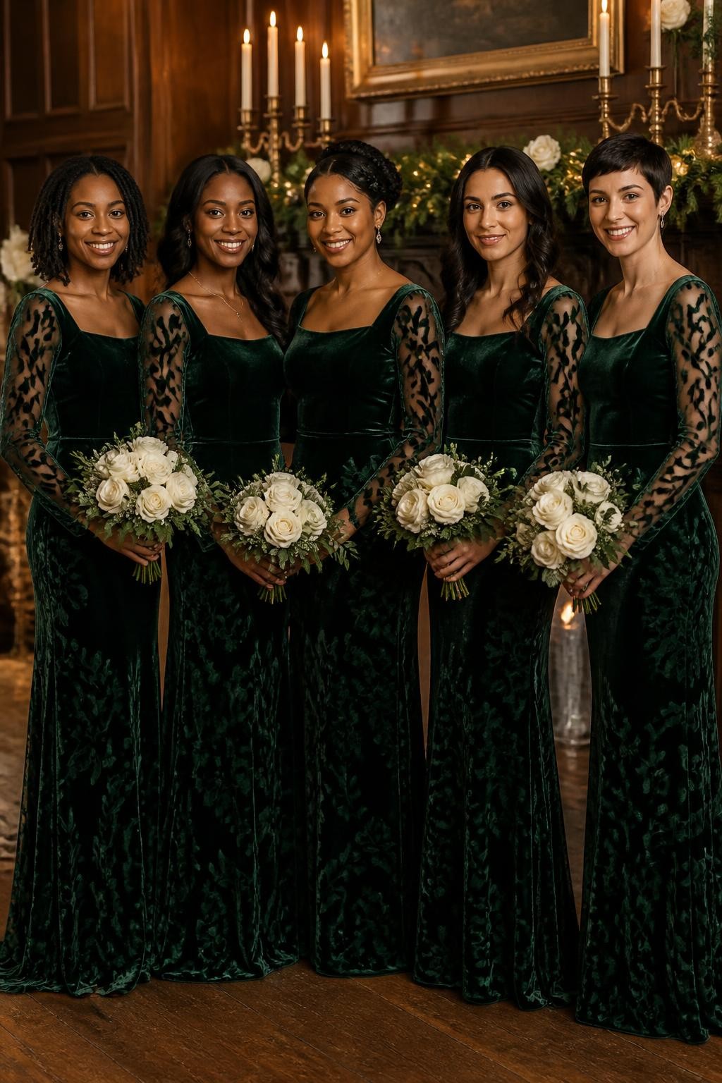 Realistic winter wedding portrait of five bridesmaids wearing hunter green velvet burnout gowns with semi-sheer botanical patterns woven through the long sleeves and upper skirts, wide square necklines, fitted waists, and soft floor-length column silhouettes, women with very deep brown, warm mahogany, medium golden, olive, and pale rosy skin tones, bright elegant faces with realistic pores and softly defined evening makeup, hairstyles including shoulder-length locs, sculpted curls, low braided bun, glossy waves, and short pixie cut, standing inside a historic reception hall with dark wood walls, ivory taper candles, white roses, antique brass details, and evergreen garlands, warm side lighting revealing the raised velvet leaves and transparent sections, natural creases at the elbows and waist.