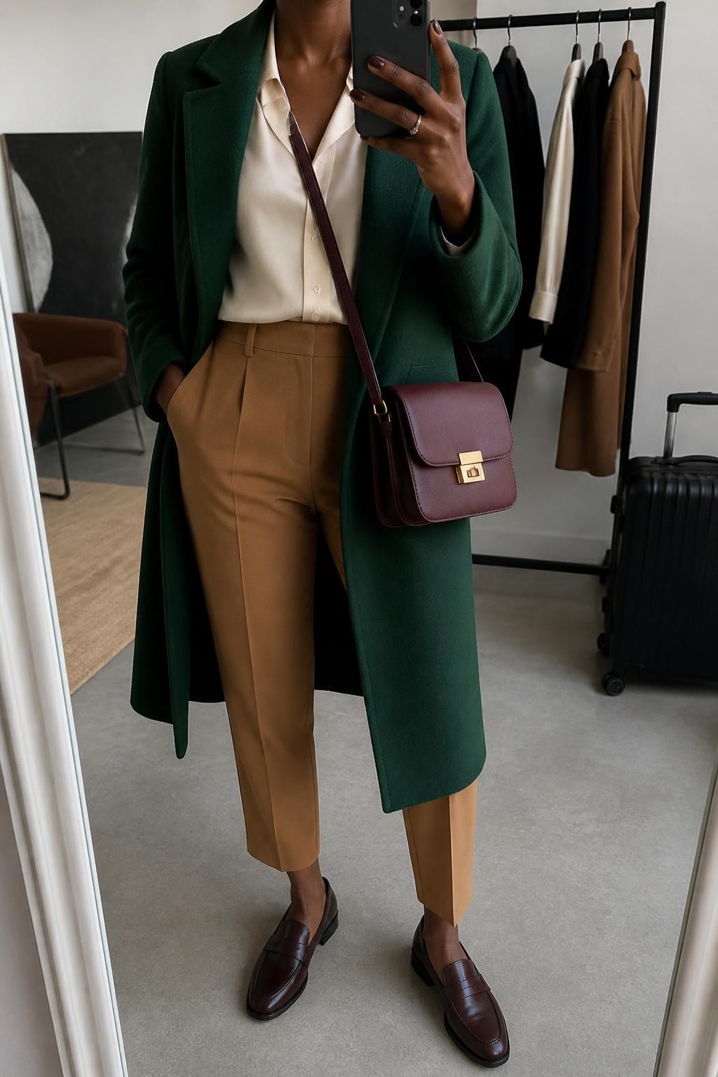 mirror selfie of a Black woman wearing an open forest green single-breasted wool-blend coat over an ivory satin button-front blouse tucked into camel high-waisted tapered trousers, dark brown leather loafers, and an oxblood structured crossbody bag with a secure flap closure, clearly showing the exact clothing items, colors, fabrics, shoes, and bag listed in the Outfit Pieces section, holding a phone in front of a mirror, cropped at NECK so the face does not show, relaxed professional selfie pose in a fashion studio mirror corner, soft indoor lighting, with a clothing rack holding a few garments behind her and a small suitcase nearby, realistic wool, satin, trouser fabric, and leather textures, latest iPhone photo quality