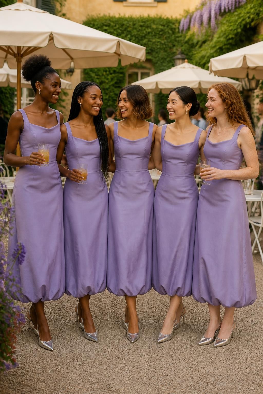 Realistic fashion-forward garden wedding image of five bridesmaids wearing wisteria lavender midi dresses with softly curved portrait necklines, fitted elongated bodices, and rounded bubble hems ending around the lower calf, women with very deep brown, dark warm brown, medium caramel, East Asian light beige, and fair freckled skin tones, naturally varied heights and body shapes, bright joyful faces with genuine smiles, realistic skin texture and light makeup, hairstyles including a sculpted afro puff, long braids, shoulder-length bob, polished bun, and soft curls, standing at a stylish garden reception with cream parasols, white bistro chairs, lilac flowers, iced drinks, and neatly clipped hedges, clear afternoon light, elegant silver slingback heels visible, natural fabric folds, and slightly irregular hand-sewn bubble hems rather than digitally perfect shapes.
