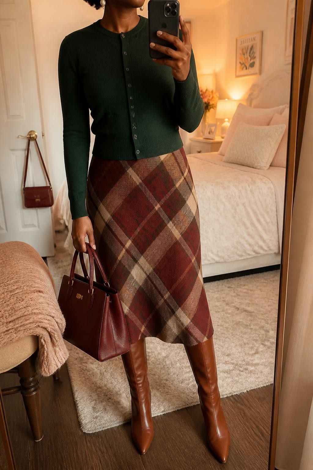 Mirror selfie of a Black woman wearing a fitted forest-green crew-neck cardigan, a burgundy, camel, and cream plaid wool midi skirt, cognac leather knee-high boots, a structured burgundy handbag, and small pearl drop earrings, clearly showing the exact clothing items, colors, fabrics, and accessories listed, holding a phone in front of a feminine-themed bedroom mirror, cropped at the neck so the face does not show, relaxed casual selfie pose, evening golden-hour lighting, a folded blanket on a chair and a handbag hanging on a door handle, warm realistic setting, latest iPhone photo quality.