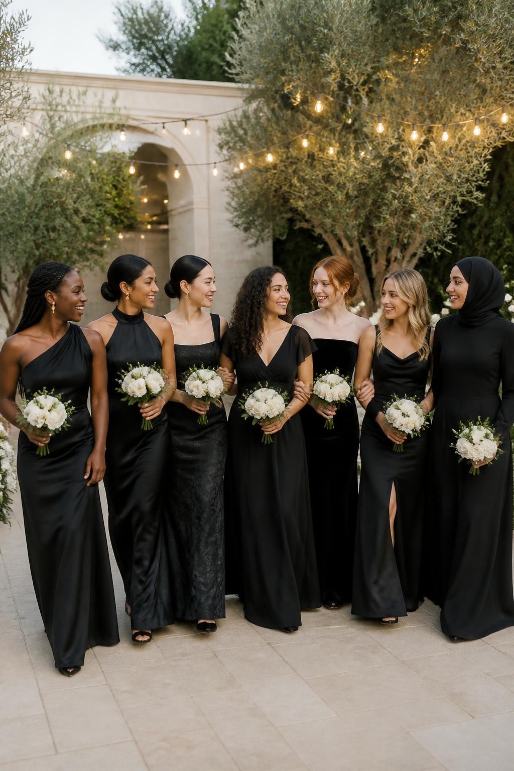 Realistic large bridal party photograph of seven bridesmaids wearing intentionally mismatched floor-length black dresses in satin, chiffon, velvet, crepe, and subtle floral jacquard, silhouettes including one-shoulder, halter, square neck, flutter sleeve, strapless, long sleeve, and draped cowl styles, cohesive black color story without identical dresses, women with very dark, deep brown, reddish brown, golden, olive, East Asian fair, and pale freckled skin tones, varied ages, heights, and body shapes, bright beautiful faces and genuine laughter, natural textured hair, braids, curls, hijab, waves, and sleek buns, standing in a lush courtyard wedding venue with ivory stone, white flowers, trees, and warm string lights, each fabric reacting differently to the natural evening light, realistic spacing, candid movement, detailed human DSLR photography.