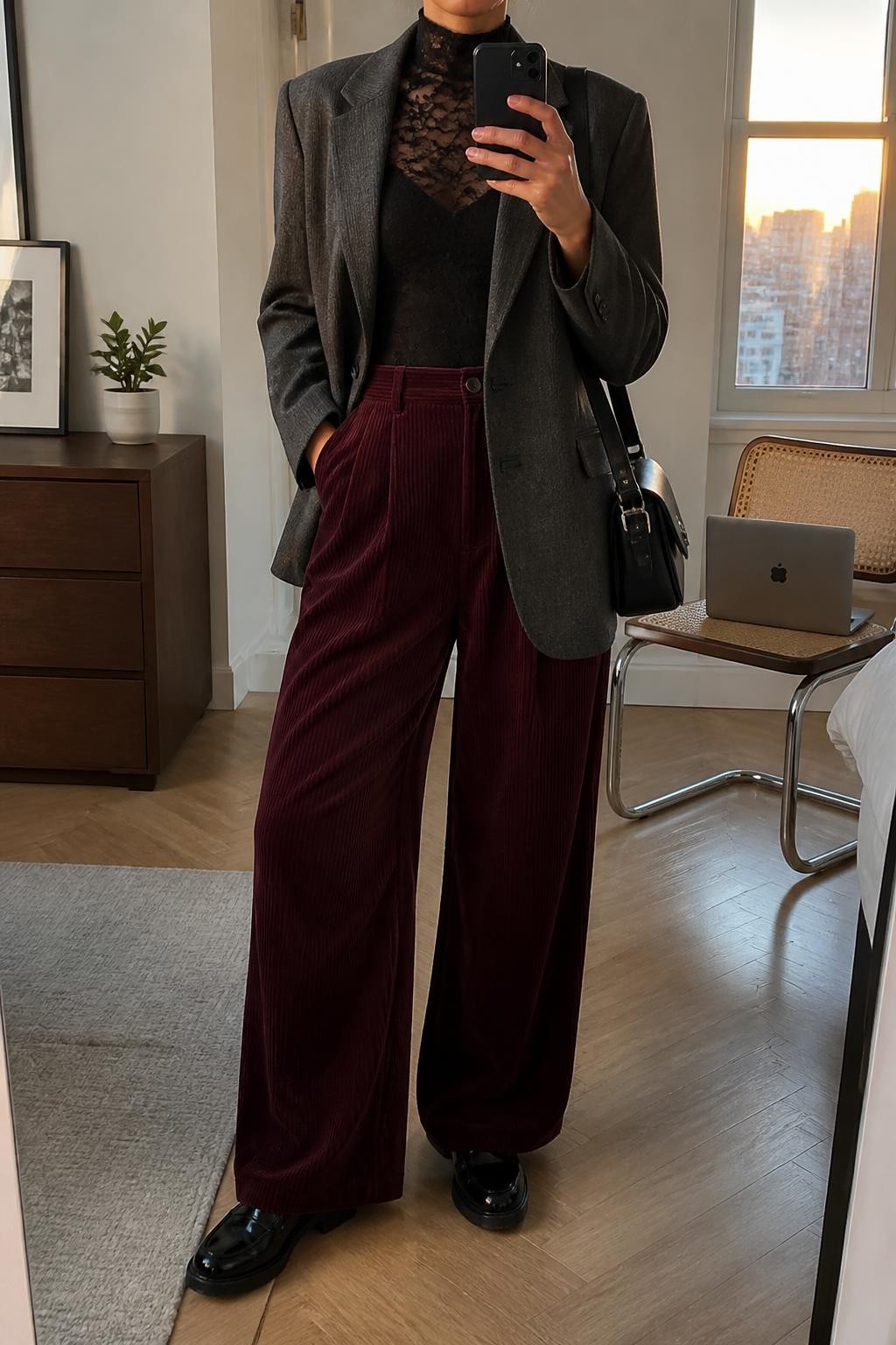 mirror selfie of a woman wearing an open charcoal relaxed-fit wool-blend blazer over a black fitted lace turtleneck with a lined bodice tucked fully into wine high-waisted wide-leg corduroy trousers, black polished leather loafers, and a black satchel with a silver buckle, clearly showing the exact clothing items, colors, fabrics, shoes, bag, and buckle listed in the Outfit Pieces section, holding a phone in front of a mirror, cropped at NECK so the face does not show, relaxed professional selfie pose in a stylish city apartment, evening golden hour light, with a laptop resting on a chair and a small plant on a dresser, realistic wool, lace, corduroy, polished leather, and silver textures, latest iPhone photo quality