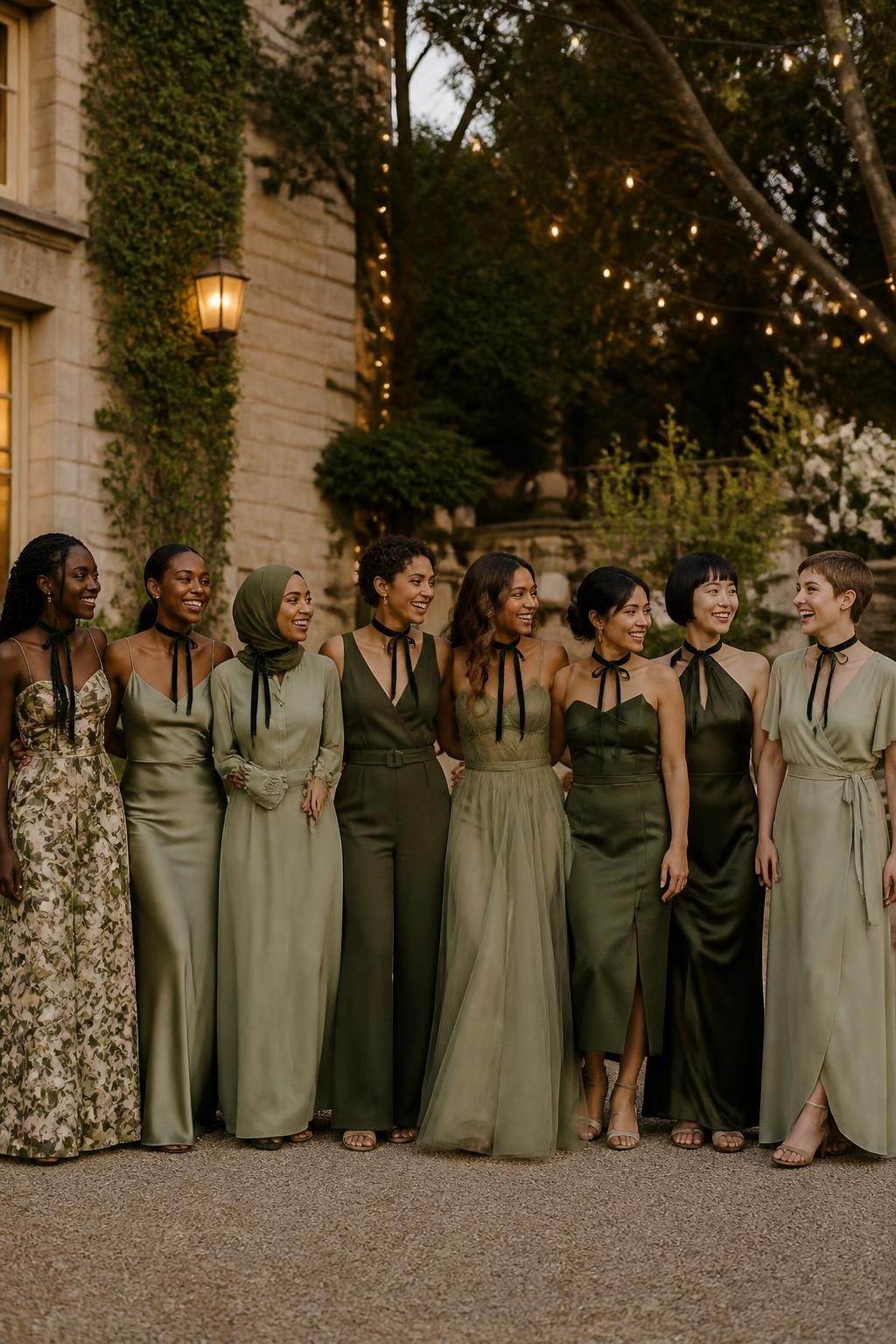 Realistic documentary-style wedding photograph of eight bridesmaids wearing individually chosen formal dresses that reflect their personal styles, including a floral maxi dress, minimalist satin column, modest long-sleeved gown, tailored wide-leg jumpsuit, romantic tulle dress, sculpted midi dress, sleek halter gown, and softly draped wrap dress, all connected by one shared deep olive and cream color palette and identical narrow velvet neck ribbons, women with very deep brown, dark warm brown, cinnamon, golden tan, South Asian olive, East Asian fair, and pale rosy skin tones, varied ages, heights, and body shapes, bright expressive faces and genuine laughter, realistic skin detail and individual hairstyles including natural coils, braids, locs, hijab, short bob, pixie cut, waves, and sleek ponytail, standing in a relaxed estate garden with cream stone walls, mature trees, ivory flowers, and warm evening lights, candid movement and believable personal differences.