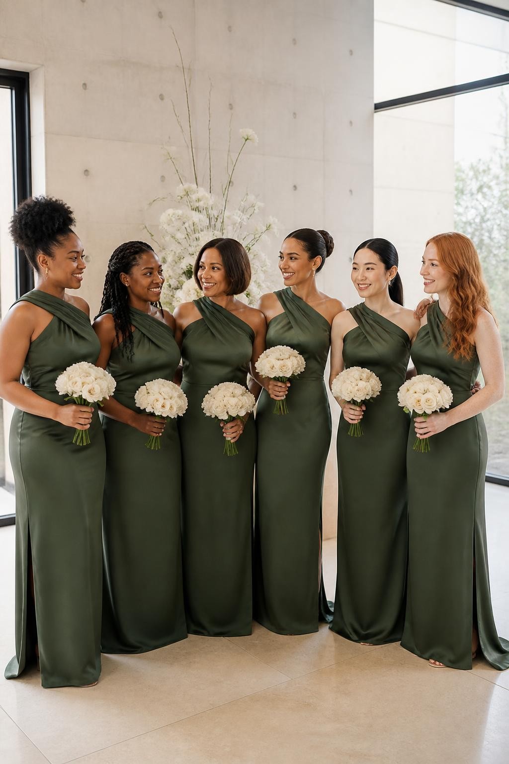 Realistic contemporary wedding photograph of six bridesmaids wearing pine green matte-satin column dresses with sculpted twisted necklines, soft folds wrapping diagonally over one shoulder, lightly defined waists, and floor-length skirts with discreet back slits, women with deep blue-black, dark warm brown, copper, golden olive, East Asian fair, and pale freckled complexions, naturally varied shoulder widths, ages, heights, and body shapes, bright confident faces with realistic skin texture and subtle makeup, hairstyles including a high curly puff, long twists, polished side-part bob, sculptural bun, sleek ponytail, and brushed waves, standing inside a modern art gallery with pale concrete walls, limestone floors, tall windows, and minimal ivory floral installations, directional daylight revealing the folded neckline construction, natural seams, slight fabric creasing, and relaxed group spacing.