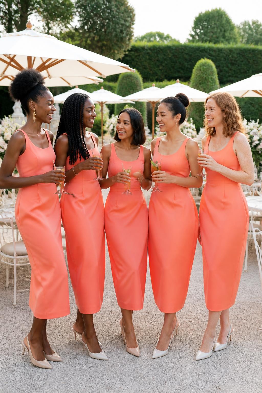 Realistic fashion-forward garden wedding image of five bridesmaids wearing coral-peach midi dresses with clean scoop necklines, elongated fitted bodices, and sculpted tulip skirts that curve outward through the hips before narrowing near the lower calf, women with very deep brown, dark warm brown, medium caramel, East Asian light beige, and fair freckled skin tones, naturally varied heights and body shapes, bright joyful faces with genuine smiles, realistic pores and understated makeup, hairstyles including a sculpted afro puff, long twists, shoulder-length bob, polished bun, and soft curls, standing at a modern garden reception with cream parasols, white bistro chairs, pale flowers, iced drinks, and clipped hedges, clear afternoon light, pointed slingback heels visible, realistic fabric tension through the curved skirts, natural seams, and candid interaction.