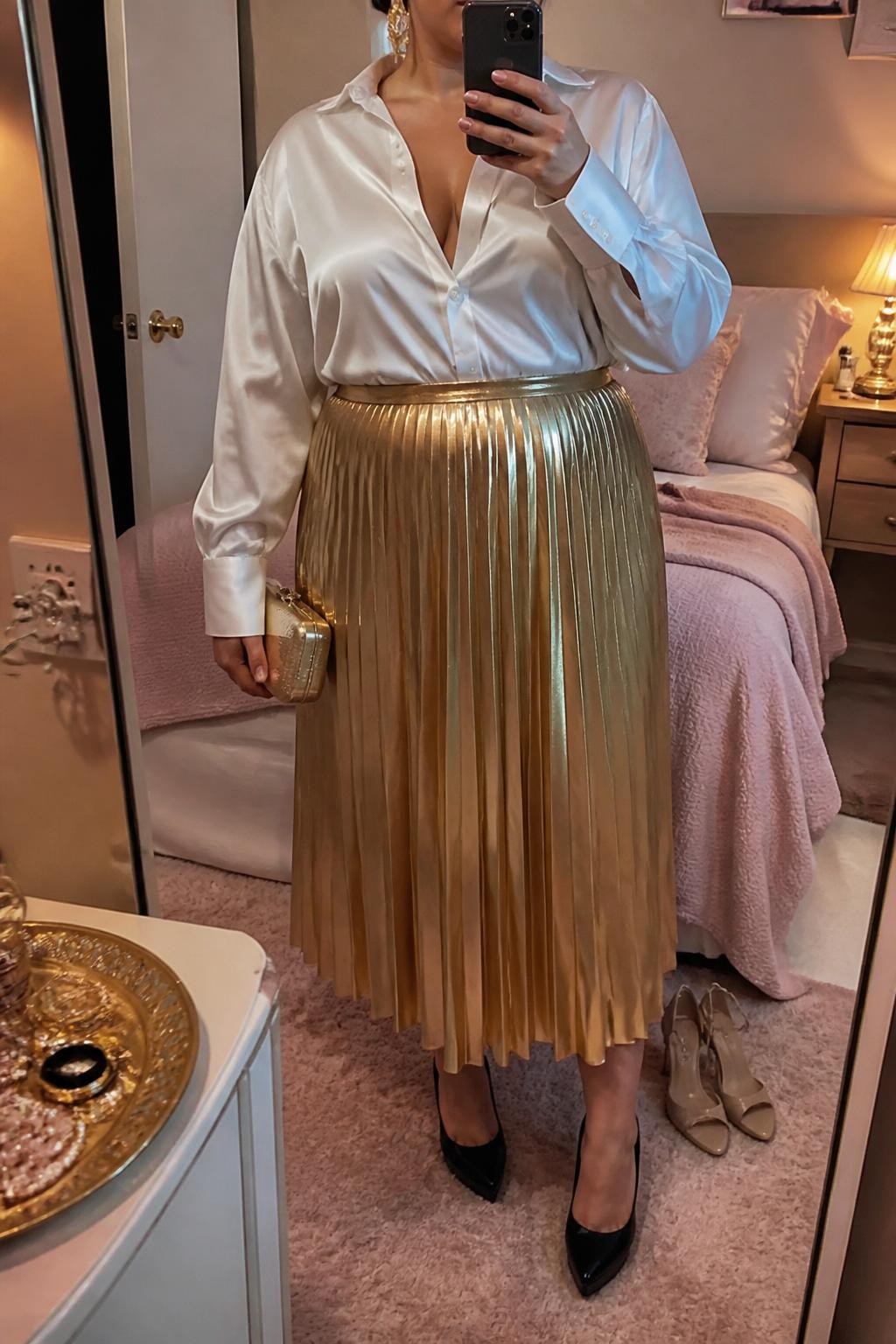 Mirror selfie of a plus size woman wearing an oversized white satin button-down shirt tucked into a metallic gold high-waisted pleated midi skirt, black pointed platform heels, a small gold hard-case clutch, and chunky gold cuff earrings, clearly showing the exact clothing items, white satin, gold pleats, black footwear, and accessories listed, holding a phone in front of a mirror, cropped at the neck so the face is hidden, relaxed glamorous selfie pose, in a feminine-themed bedroom with warm moody lighting, a pair of heels on the floor nearby and a jewelry tray on the vanity, realistic formal celebration outfit, latest iPhone photo quality.