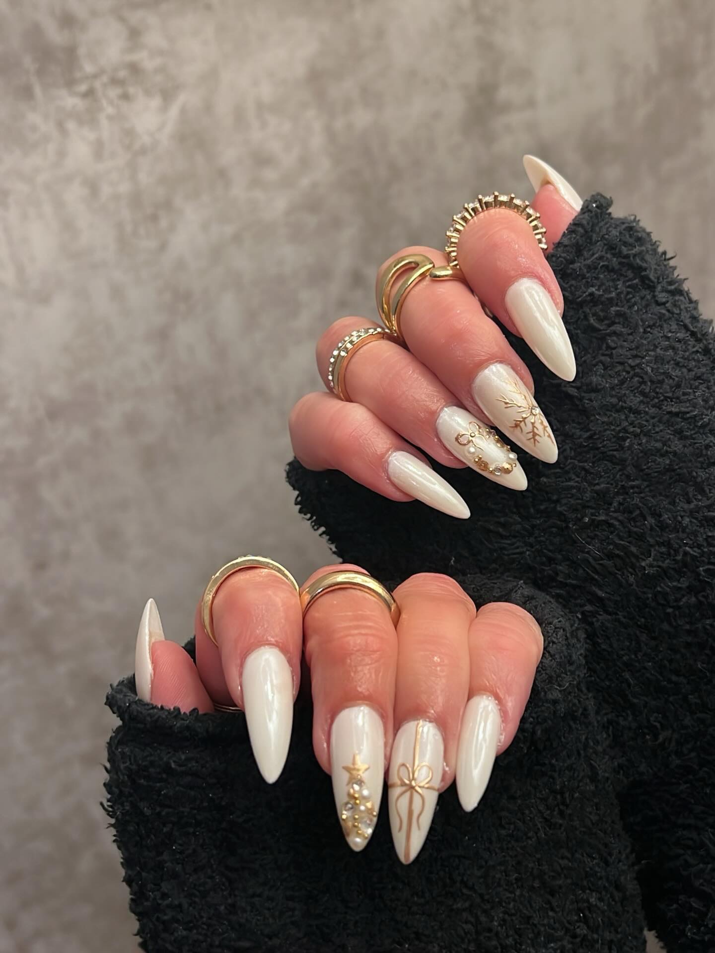 All White Velvet Christmas Nails with Gold Accent